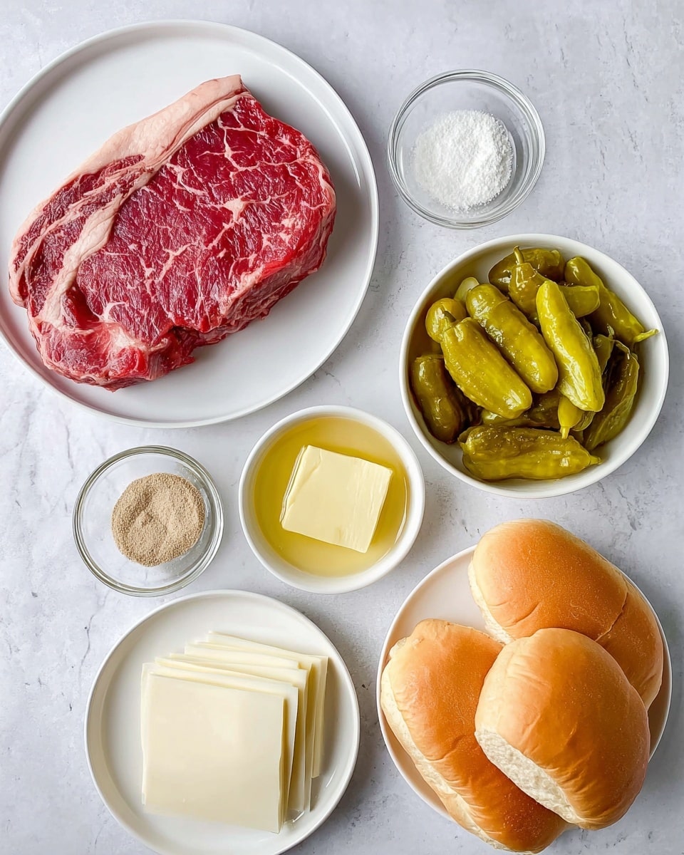 A top-down view of ingredients arranged neatly on a white marbled surface, featuring a large raw red marbled steak with light fat veins placed on a white plate in the top left corner. Below the steak are two small white bowls holding light brown seasoning powder and fine white flakes. To the right of these bowls is a white bowl filled with several bright green pickled peppers resting in a yellowish brine. Above the peppers, a small clear glass bowl contains two pale yellow butter pieces. At the bottom left, there is a white plate with several round slices of white cheese stacked flat. On the bottom right, three golden brown sandwich rolls with soft textures sit on a white plate. photo taken with an iphone --ar 4:5 --v 7