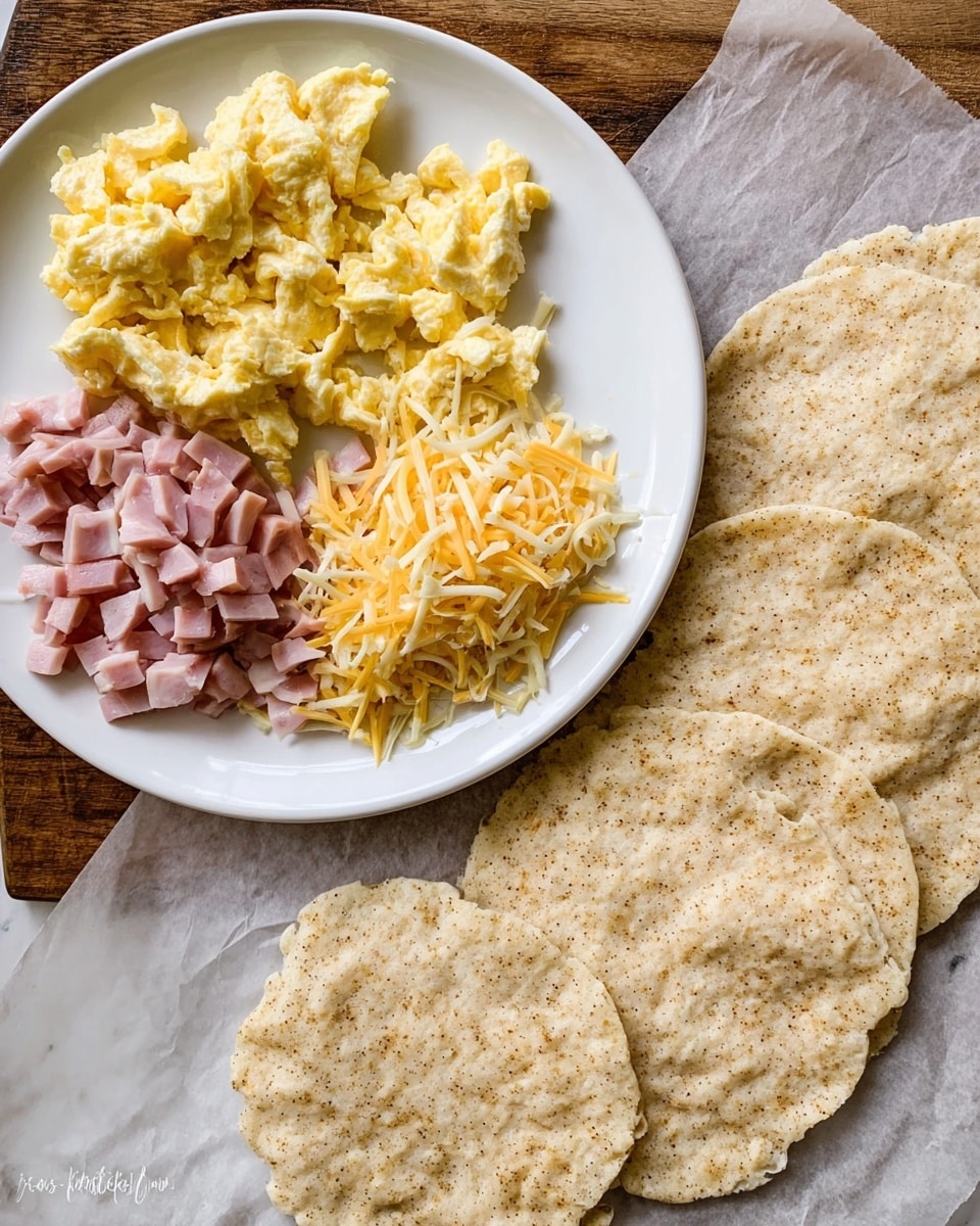 A white plate on the left side holds three separate piles: scrambled eggs with a light yellow color and soft fluffy texture, pink slices of ham cut into small pieces, and a mix of shredded yellow and white cheeses. To the right of the plate, there are six thin, round, light beige dough pieces with a slightly rough texture and visible grains, placed on parchment paper over a wooden surface that is mostly visible on the left side. The background beneath everything is a white marbled texture. photo taken with an iphone --ar 4:5 --v 7