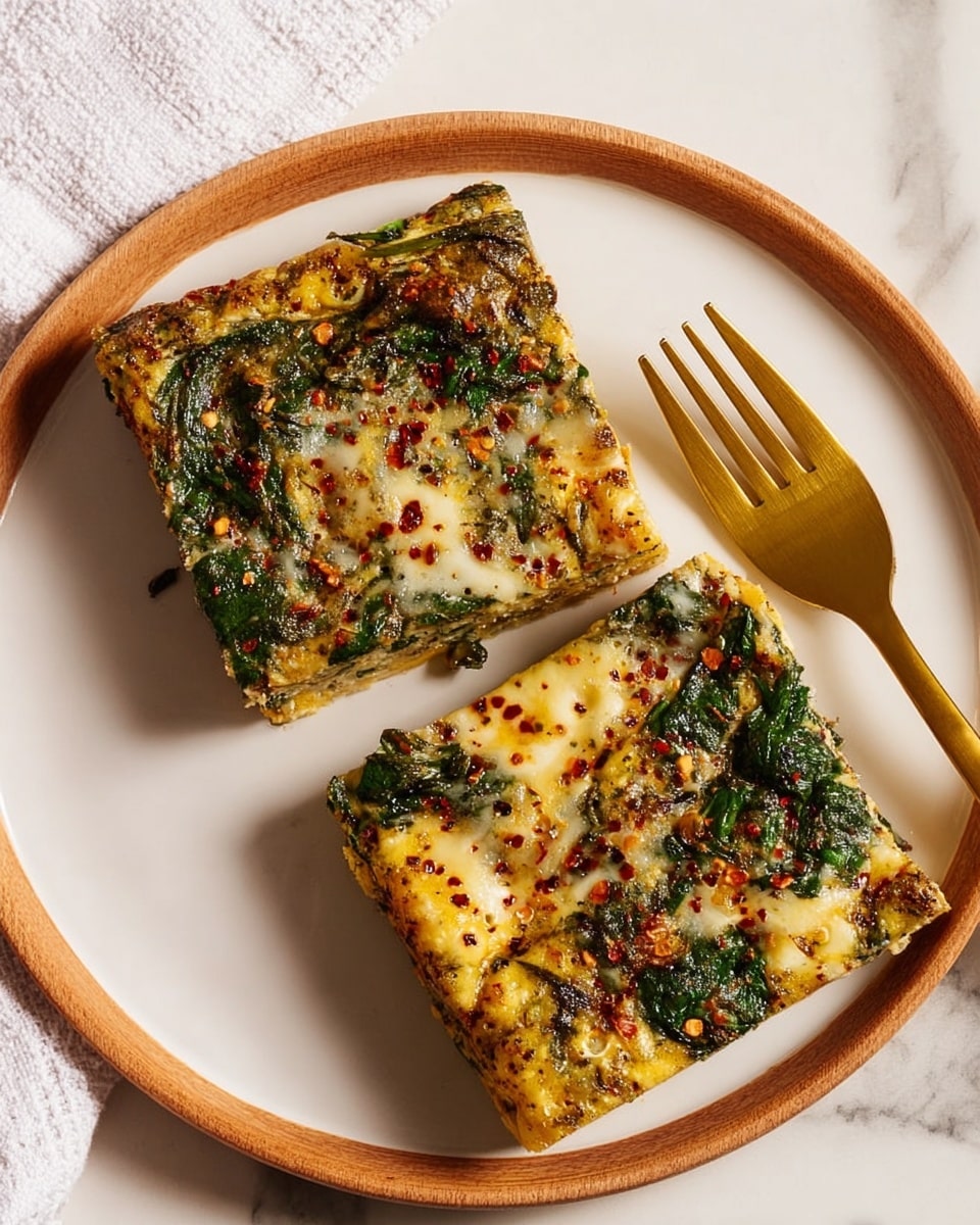 Two square pieces of vegetable frittata are placed side by side on a white plate with a thin golden rim, which sits on a white marbled surface. Each piece shows three visible layers: the bottom layer is a solid light golden base, the middle layer is filled with bright green spinach leaves and bits of herbs, and the top layer is covered with melted cheese sprinkled with red chili flakes. A gold fork lies to the upper right of the plate, while a white cloth is partially visible on the left side photo taken with an iphone --ar 4:5 --v 7