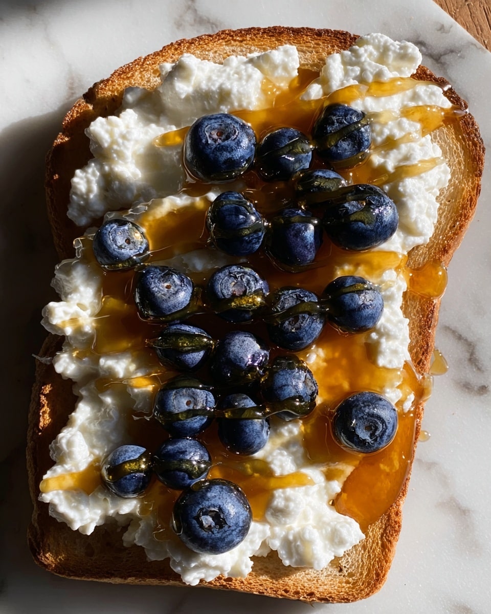 A single slice of toasted bread forms the base layer, light brown and slightly crispy. On top, there is a thick spread of white cottage cheese with a soft, bumpy texture covering the entire slice. Scattered evenly over the cottage cheese layer are fresh, plump blueberries, dark blue with a slight shine. Drizzled in thin, even lines across the blueberries and cottage cheese is golden honey, with one thicker area pooling slightly to the right. The slice rests on a white marbled surface under natural light. Photo taken with an iphone --ar 4:5 --v 7