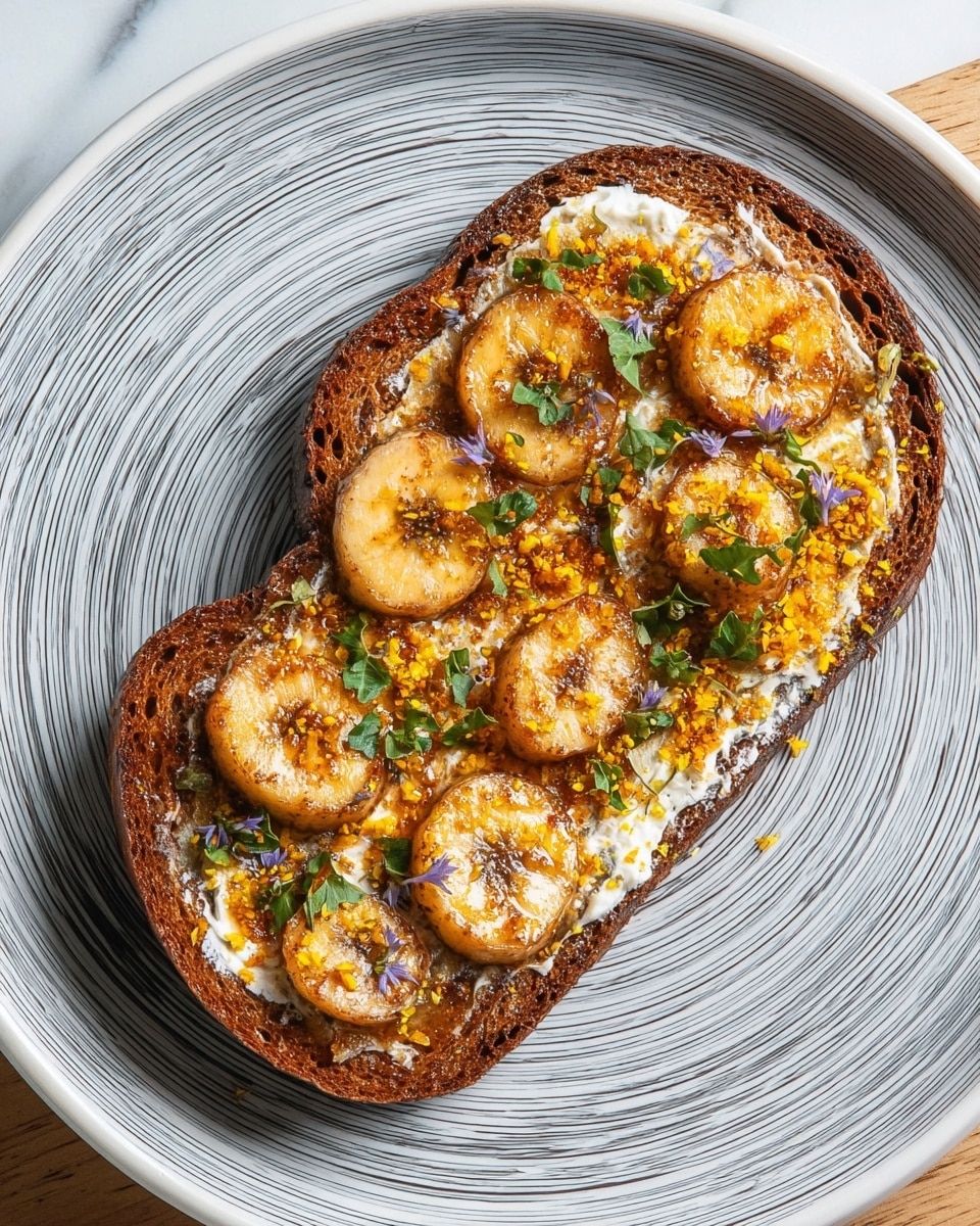 A single slice of toasted dark brown bread placed in the center of a white plate with a grey swirl pattern. On top of the toast, there is a layer of creamy white spread mostly covering the bread, followed by evenly spaced round slices of golden-brown cooked banana. The banana slices are sprinkled with small yellow-orange granules and finely chopped fresh green and purple herbs. The white marbled surface beneath the plate is partially visible. photo taken with an iphone --ar 4:5 --v 7