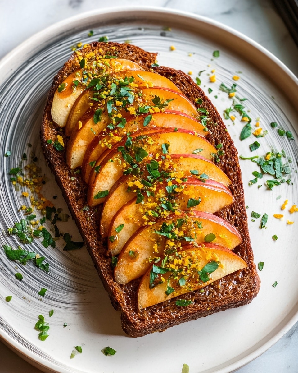 A single slice of toasted dark brown bread topped with evenly layered thin slices of light orange apple, sprinkled with small bright yellow granules and chopped green herbs. The toast sits on a white plate with a soft swirl of gray and black brush strokes, scattered herbs and granules decorate the plate’s edges. The background is a white marbled surface. photo taken with an iphone --ar 4:5 --v 7