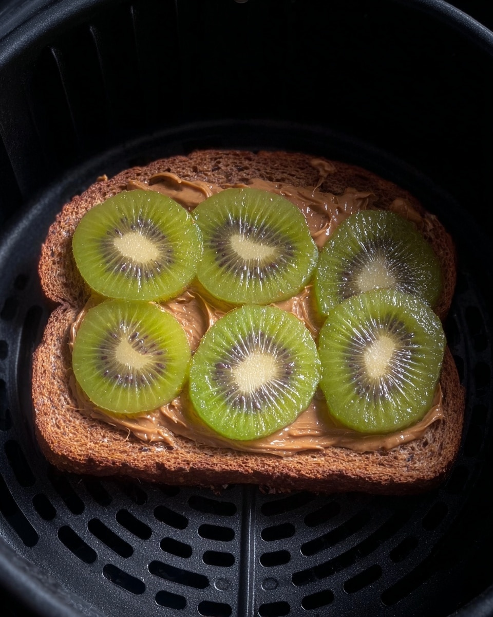 A single slice of brown bread is spread with a smooth layer of peanut butter, covering the entire surface. On top, five round slices of green kiwi are neatly arranged in a row, slightly overlapping each other. The bread is placed inside a dark air fryer basket, showing the black ridged base beneath. The light highlights the juicy texture of the kiwi and the creamy peanut butter. Photo taken with an iphone --ar 4:5 --v 7