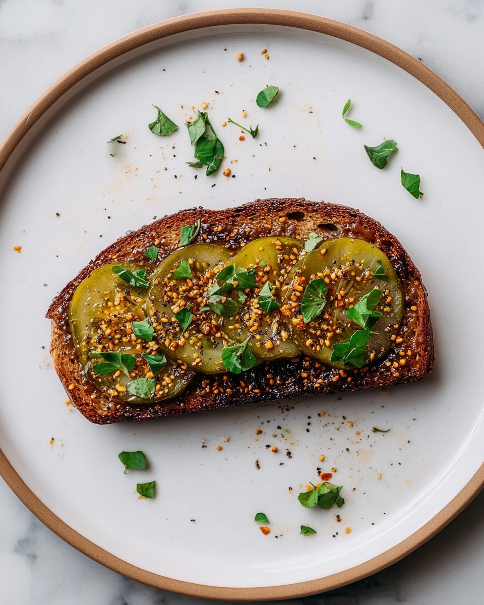 A single slice of dark toasted bread placed in the center of a white plate, covered with a glossy layer of spread. On top of the bread are three thin slices of greenish-yellow pickles arranged in a row. Bright yellow-orange mustard seeds and small black spices are sprinkled evenly over the pickles and bread. Small chopped green herbs are scattered both on the toast and around it on the plate, which sits on a white marbled surface. Photo taken with an iphone --ar 4:5 --v 7