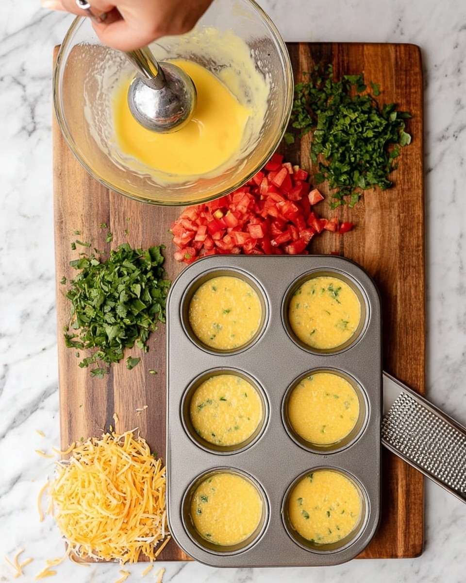 The image shows a top-down view of a metal muffin tray with nine cups, some filled with a yellow egg mixture being poured from a clear glass bowl using a silver ice cream scoop held by a woman's hand. Above the tray is a wooden cutting board placed on a white marbled surface, with three piles of chopped ingredients: green leafy herbs on the left, red diced tomatoes in the middle, and shredded yellow cheese on the right. A silver grater is partially visible near the shredded cheese. photo taken with an iphone --ar 4:5 --v 7