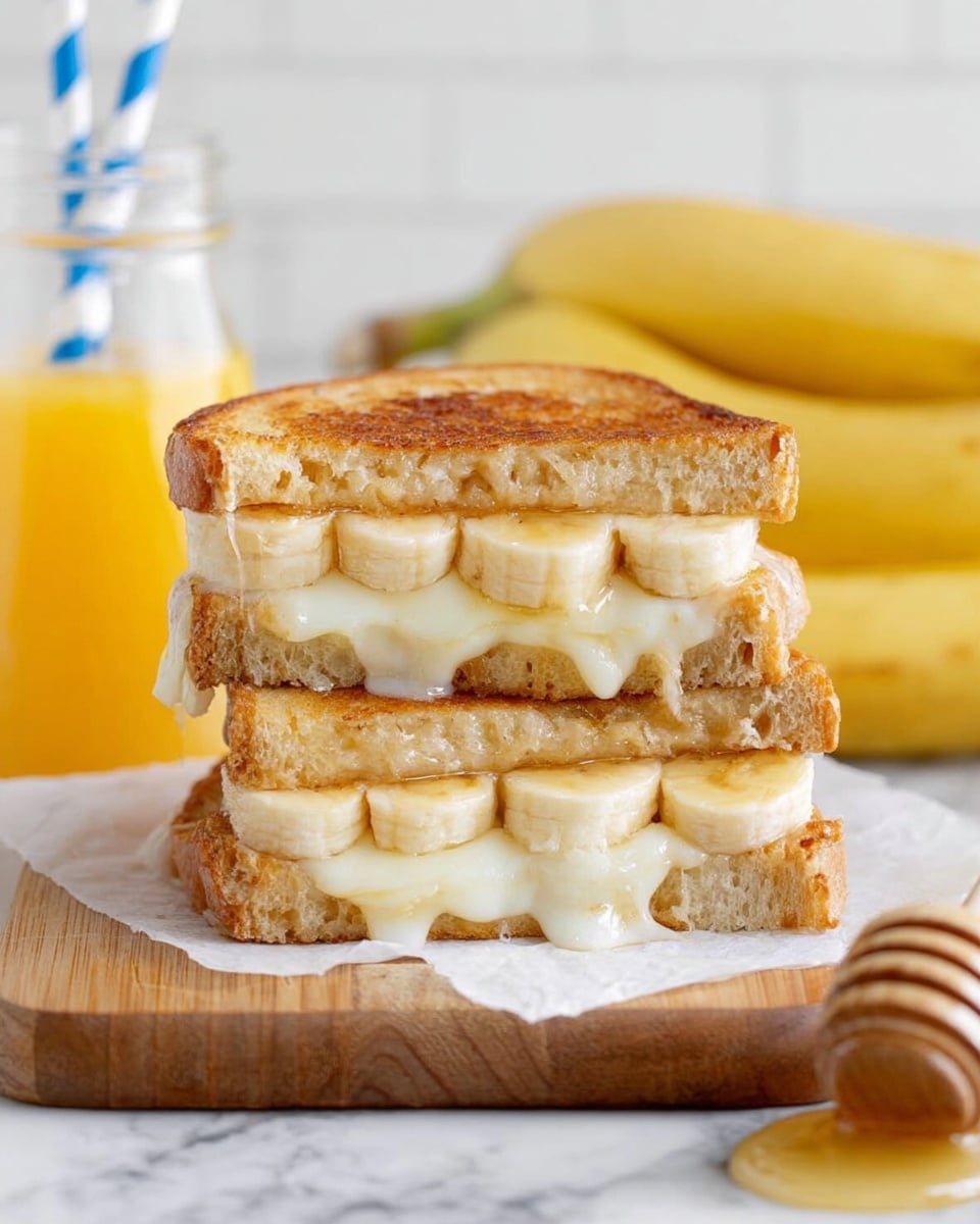 A close-up of a sandwich with two layers on a wooden board over a white marbled surface. The sandwich has three slices of toasted golden-brown bread, with the top slice covering the sandwich. Between the slices, there are two thick layers of evenly sliced banana pieces that are light yellow with small brown spots, and melted white cheese that looks soft and creamy, slightly oozing out from the sides. In the background, there is a glass bottle with orange juice and a blue-and-white striped straw, and a bunch of yellow bananas on the right side. A small jar of honey with a wooden honey dipper is partly visible near the sandwich. The photo taken with an iphone --ar 4:5 --v 7