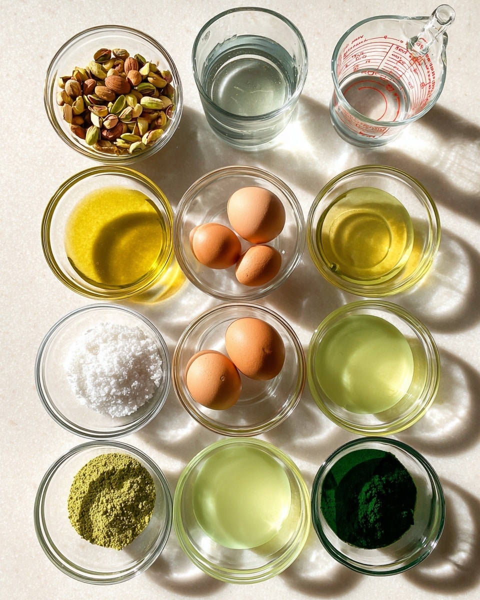 The image shows twelve small clear glass bowls arranged in a neat grid on a white marbled surface, each holding different ingredients. In the top row from left to right, the first bowl contains a mix of chopped nuts including pistachios and almonds, the second holds clear water in a glass measuring cup with red markings, and the third bowl has light green powder. The second row has a bowl filled with pale yellow oil on the left, two brown eggs in the middle bowl, and two more brown eggs to the right. The third row includes three bowls of light green, pale yellow, and bright green liquids respectively. At the bottom row, the bowls hold white granulated salt on the left, a dark green liquid in the middle, and a deep green powder on the right. The lighting casts soft shadows, enhancing the clarity and colors of the ingredients. photo taken with an iphone --ar 4:5 --v 7