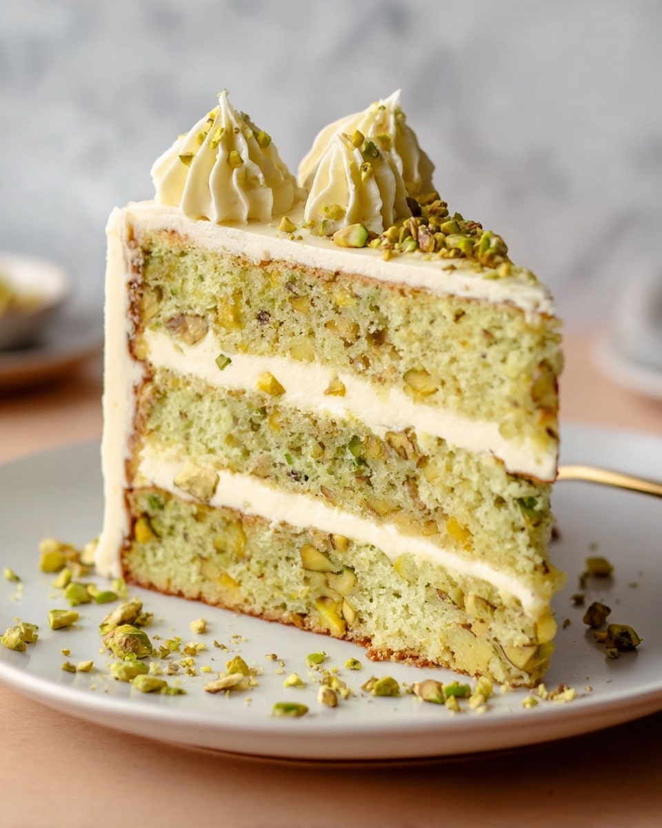 A slice of four-layer pistachio cake with creamy white frosting on top and between each layer. The cake layers are light green with visible chopped pistachios and a few yellow bits. The frosting on the outside is smooth with three small swirls on top, sprinkled with crushed pistachios. The slice is placed on a white plate with some crushed pistachios around it. The plate sits on a white marbled surface. photo taken with an iphone --ar 4:5 --v 7