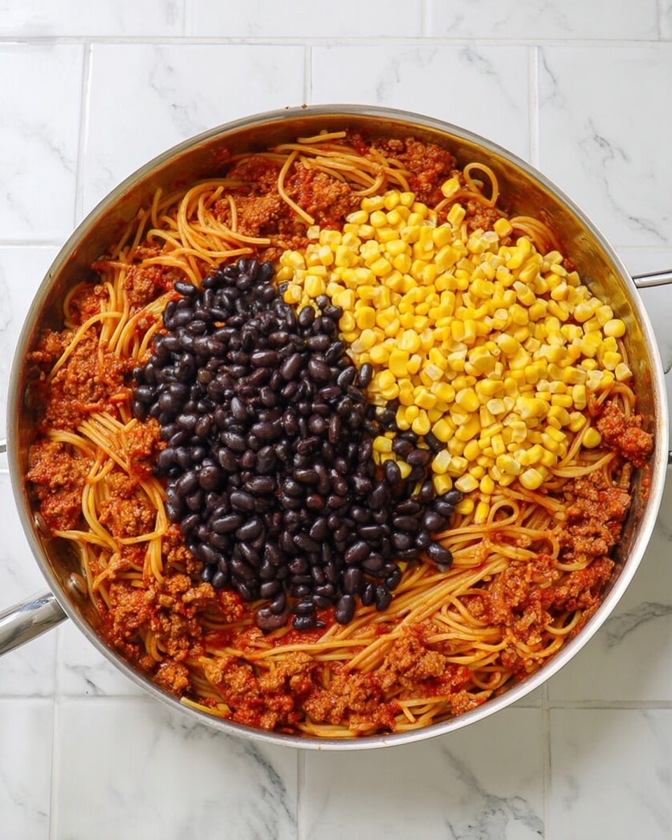 A large silver pan filled with spaghetti noodles mixed with a red tomato-based sauce and bits of cooked ground meat, covering the whole base of the pan as the first layer. On top of the noodles, there are two piles: one with shiny black beans and one with bright yellow corn kernels, side by side in the center of the pan. The pan rests on a white marbled surface with white tiled wall in the background. Photo taken with an iphone --ar 4:5 --v 7