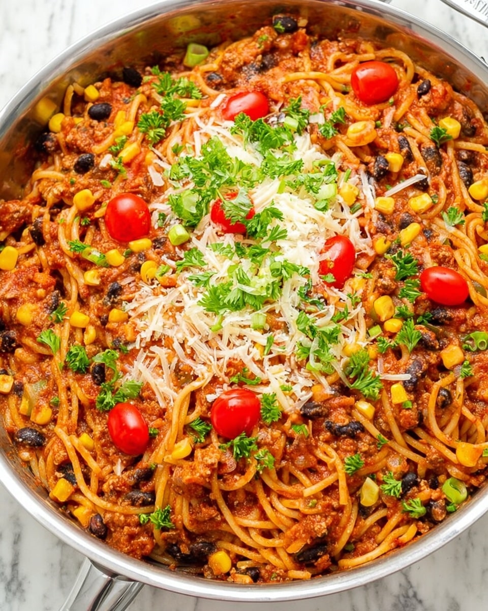 A large silver pan filled with cooked spaghetti noodles mixed with a thick red sauce that has visible bits of ground meat and black beans. Mixed throughout the noodles are bright yellow corn kernels adding spots of color. On top, there is a layer of shredded white cheese sprinkled unevenly. Scattered across the pan are halved red cherry tomatoes, bright green chopped scallions, and fresh parsley leaves, giving a fresh look. The pan is placed on a white marbled texture surface. photo taken with an iphone --ar 4:5 --v 7
