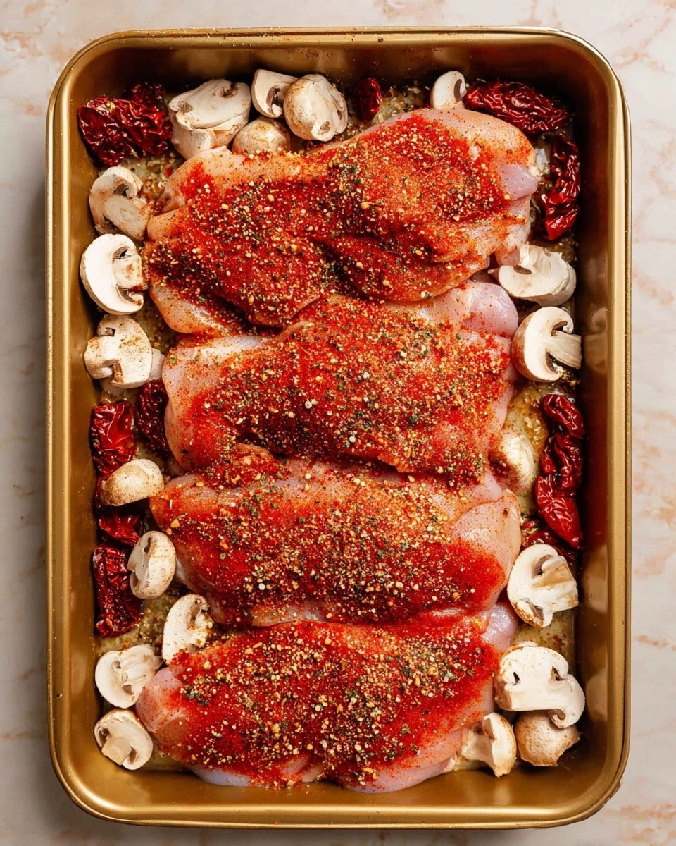 A gold baking pan holds four raw chicken pieces, each covered in a red spice mix with visible herbs and pepper bits, arranged in a single layer from top to bottom of the pan. Around the chicken, there are white-cut mushrooms and small pieces of dark red sun-dried tomatoes scattered mainly along the edges. The pan rests on a white marbled surface. photo taken with an iphone --ar 4:5 --v 7
