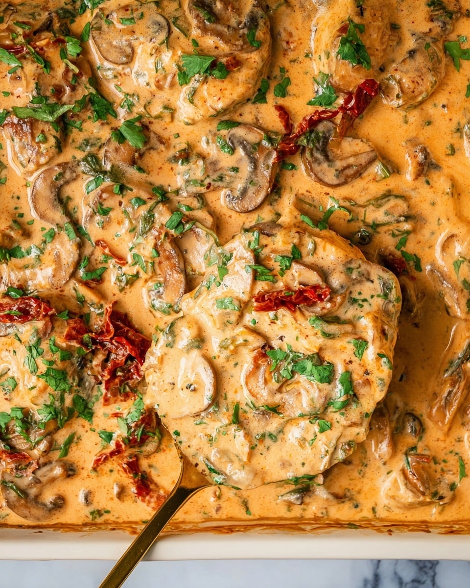 This image shows a creamy dish with about three to four layers mixed together, mainly covered by a thick light orange sauce. The layers include slices of light brown mushrooms, pieces of light pink chicken, and small strips of reddish sun-dried tomatoes, all mixed into the sauce. There are also bright green chopped herbs scattered all over, adding a fresh look. A gold-colored spatula is partially lifting some of the creamy mixture from the bottom right corner. The dish sits on a white marbled texture. photo taken with an iphone --ar 4:5 --v 7