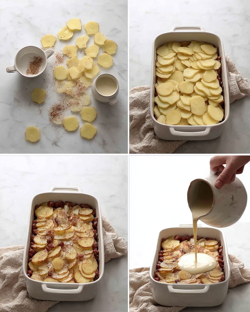 The image shows four steps of making a potato dish, each in a white baking dish on a white marbled surface with a beige cloth beside it. In the first step, a woman's hand sprinkles seasoning over raw, thinly sliced potato pieces scattered on the surface, with a small white cup of cream nearby. The second image shows a neat layer of raw potato slices arranged flat inside the white baking dish, lightly sprinkled with seasoning. The third image displays the potatoes browned on top, arranged in a single, even layer inside the baking dish. The fourth image shows a woman's hand pouring a light-colored cream sauce over the browned potato slices mixed with small sausage pieces inside the white baking dish. Photo taken with an iphone --ar 4:5 --v 7