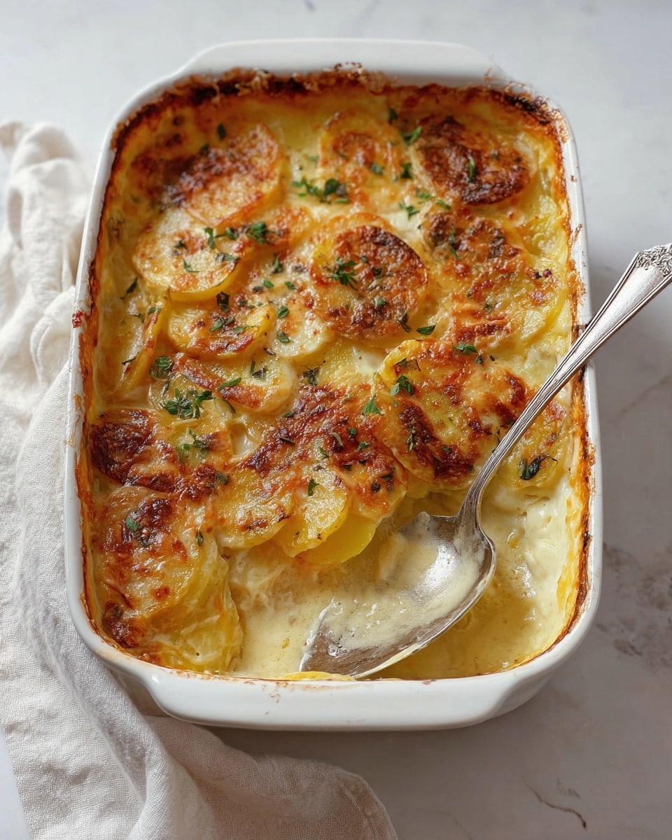 A white ceramic baking dish holds a creamy potato gratin with golden brown, crispy edges and bubbly melted cheese on top. The dish shows thin layers of soft yellow potato slices stacked evenly with a creamy sauce in between. Fresh green herbs are sprinkled on the browned cheese layer for color. A large silver spoon rests inside the dish, showing the creamy, smooth texture beneath the top crust. The dish sits on a white marbled surface with a light cloth casually placed nearby. Photo taken with an iphone --ar 4:5 --v 7