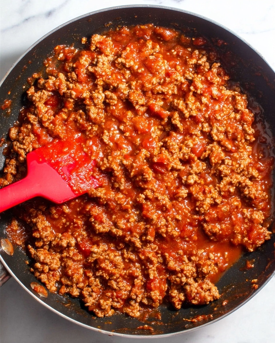 The image shows a black pan filled with cooked ground meat mixed with rich, red tomato sauce. The meat is broken into small chunks, evenly coated in the thick, glossy sauce with bits of tomato and spices visible, creating a textured and hearty appearance. A bright red spatula is partially submerged on the left side, blending with the sauce and meat. The pan rests on a white marbled surface, making the warm colors of the food stand out. photo taken with an iphone --ar 4:5 --v 7