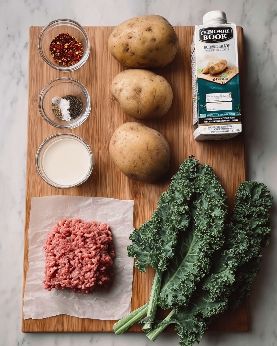 The image shows ingredients arranged neatly on a wooden surface. At the top left, three small glass bowls hold red pepper flakes, salt, and black pepper, stacked vertically. To the right of the bowls, there are five russet potatoes placed in a loose group. On the right side, there is a carton of chicken bone broth beside a carton of heavy whipping cream. Below the bowls and potatoes, a portion of raw ground meat is placed on a square piece of parchment paper. To the right of the meat, there is a bunch of fresh curly kale with dark green leaves and thick stems. The whole setup is on a white marbled textured surface. photo taken with an iphone --ar 4:5 --v 7
