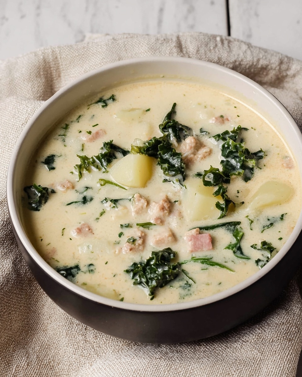 The image shows a creamy soup served in a white bowl resting on a light beige textured cloth on a white marbled surface. The soup has a thick, off-white base with chunks of light yellow potato pieces and small pale pink pieces of cooked meat evenly spread throughout. Dark green leafy kale is mixed inside, adding color contrast and texture. The bowl is filled close to the top, with the soup looking rich and smooth, dotted with various ingredients floating gently. Photo taken with an iphone --ar 4:5 --v 7
