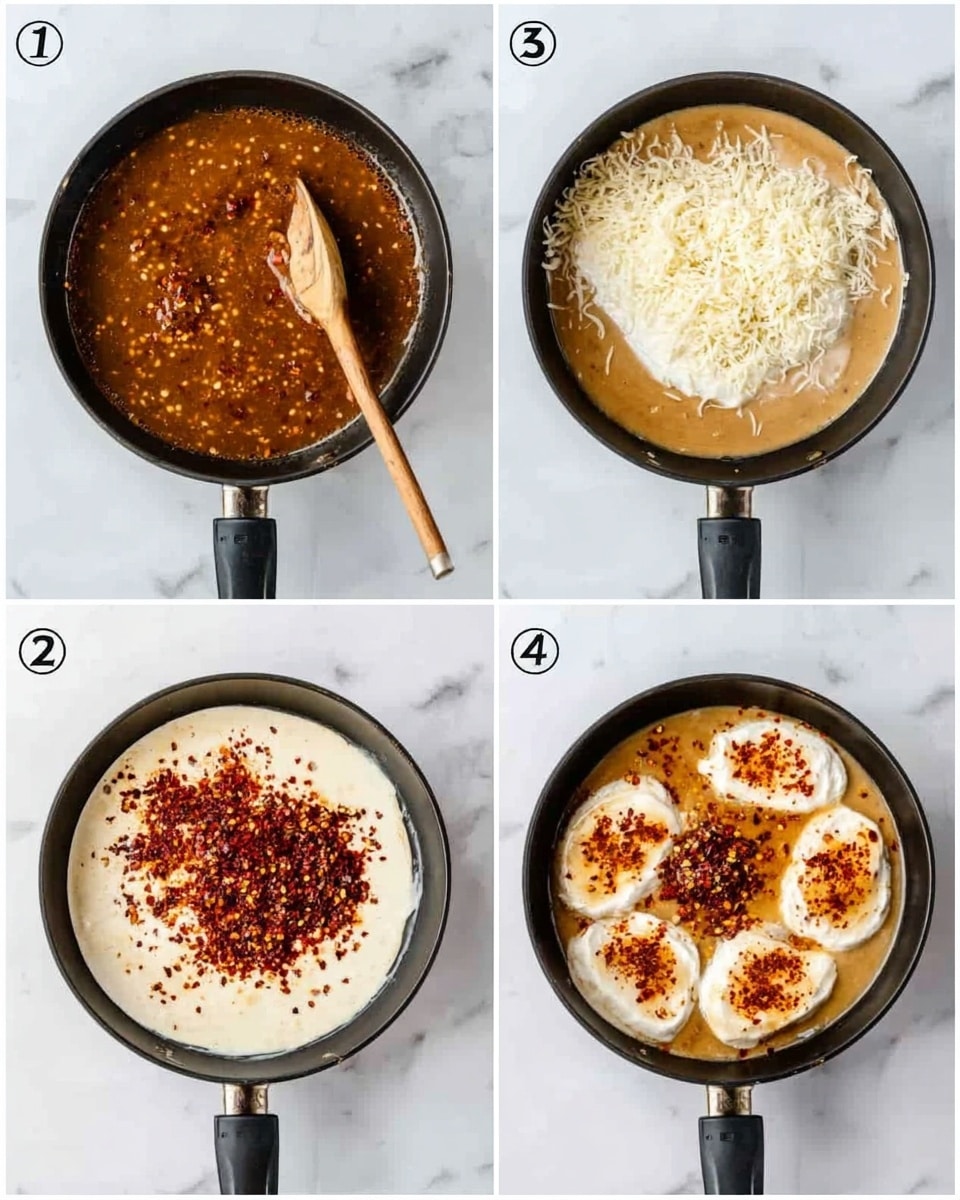 A set of four images shows cooking steps in a black pan on a white marbled surface. The first image shows a thick brown sauce with seeds and a wooden spoon resting in the pan. The second image has a layer of white cream and shredded cheese on one side of the sauce. The third image shows the cream and sauce mixed smoothly with a pile of red chili flakes sprinkled in the center. The fourth image displays four round pieces covered in the creamy sauce with visible chili flakes spread on top. Photo taken with an iphone --ar 4:5 --v 7