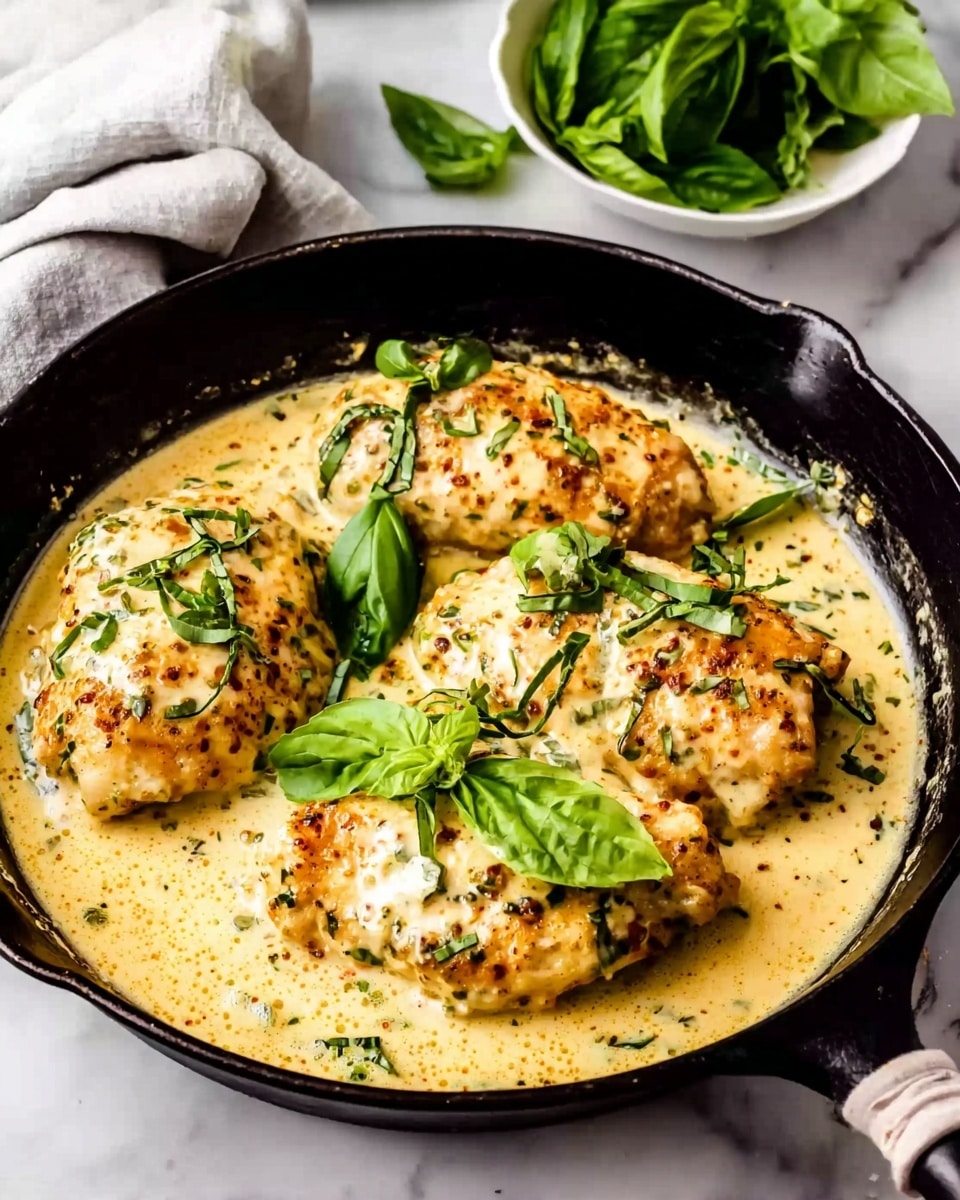 A black cast iron pan is filled with four pieces of light golden brown chicken, each partially covered with creamy pale yellow sauce that has specks of herbs and spices all over. Bright green fresh basil leaves are placed on and around the chicken, adding contrast. The pan is positioned on a white marbled surface with a small white bowl of fresh basil leaves in the upper right background. The pan's handle is visible on the right side. photo taken with an iphone --ar 4:5 --v 7