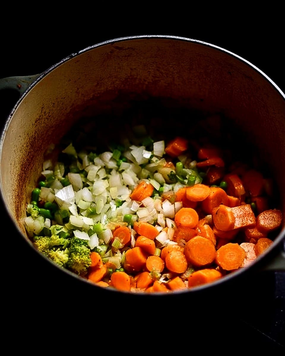 Inside a deep pan with a worn, light brown interior, there are three visible layers of vegetables being cooked. The bottom layer shows small white onion pieces, the middle layer has green broccoli bits with some texture, and the top layer consists of round, orange carrot slices that look fresh and bright. The pan's outside is dark, contrasting with the worn interior, and the background is mostly black, making the vegetables the focus. photo taken with an iphone --ar 4:5 --v 7