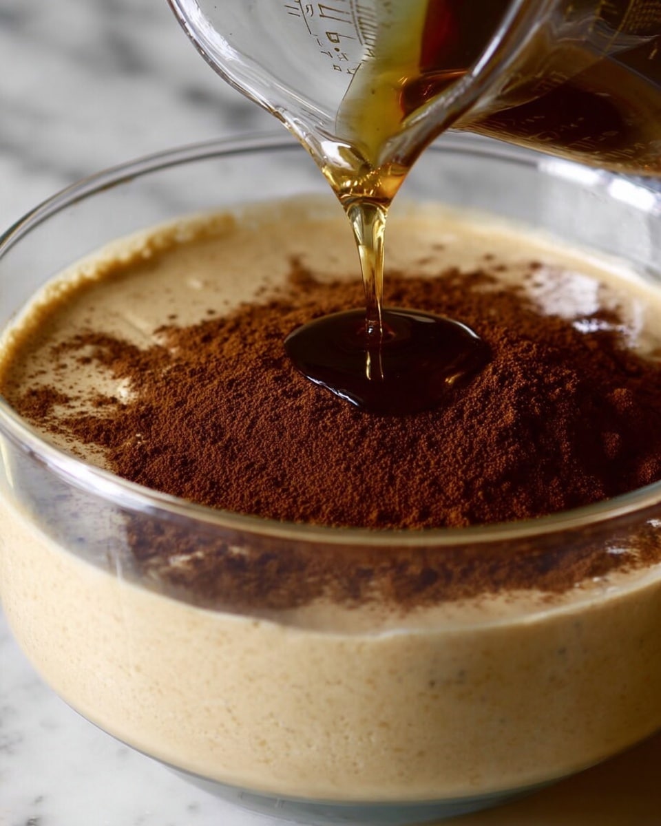 A clear glass bowl shows a thick beige creamy base filling most of its volume, with a smooth texture and some tiny air bubbles. On top, there is a dark brown powder spread evenly to cover the cream. A golden syrup is pouring from a tilted glass container above, creating a shiny, sticky stream that lands in the middle of the brown powdered layer. The bowl is placed on a white marbled surface that reflects some light. photo taken with an iphone --ar 4:5 --v 7
