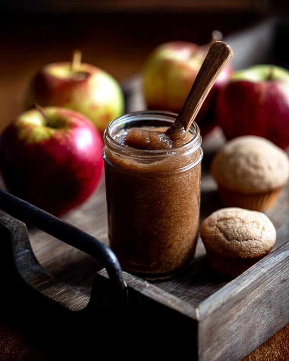 A small clear glass jar filled with thick brown apple sauce, with a wooden spoon sticking out of the jar, placed on a dark wood tray. Around the jar, there are three whole apples with red and yellow skin on the left side, and two round, beige muffins with slightly darker tops on the right side. The tray has a metal handle on the right side, and the background is soft and blurred. photo taken with an iphone --ar 4:5 --v 7