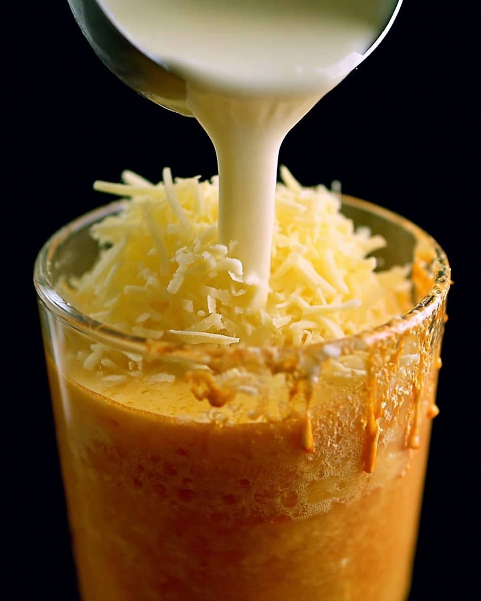 The image shows a close-up of a clear glass filled with a thick, orange-colored mixture. On top, there is a layer of fine, pale yellow shredded material. Above this, a creamy white liquid is being poured from a silver ladle, creating a smooth, flowing texture as it lands over the shredded layer. The glass rim is slightly messy with some of the orange mixture splattered around it. The background is black, making the layers and textures on the glass stand out clearly. photo taken with an iphone --ar 4:5 --v 7