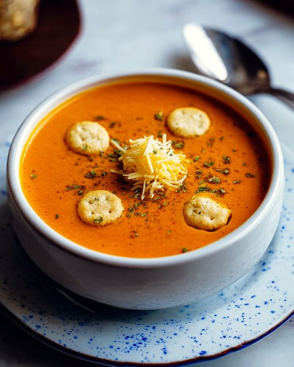 This image shows a white bowl full of smooth orange soup with small round crackers placed on the surface. In the middle of the soup, there is a small mound of finely shredded light yellow cheese. Tiny green herb flakes are sprinkled evenly over the soup, adding texture. The bowl is on a white plate with blue speckles, all placed on a white marbled surface. A spoon is visible in the background on the right. The lighting is warm, making the colors look rich and inviting. Photo taken with an iphone --ar 4:5 --v 7