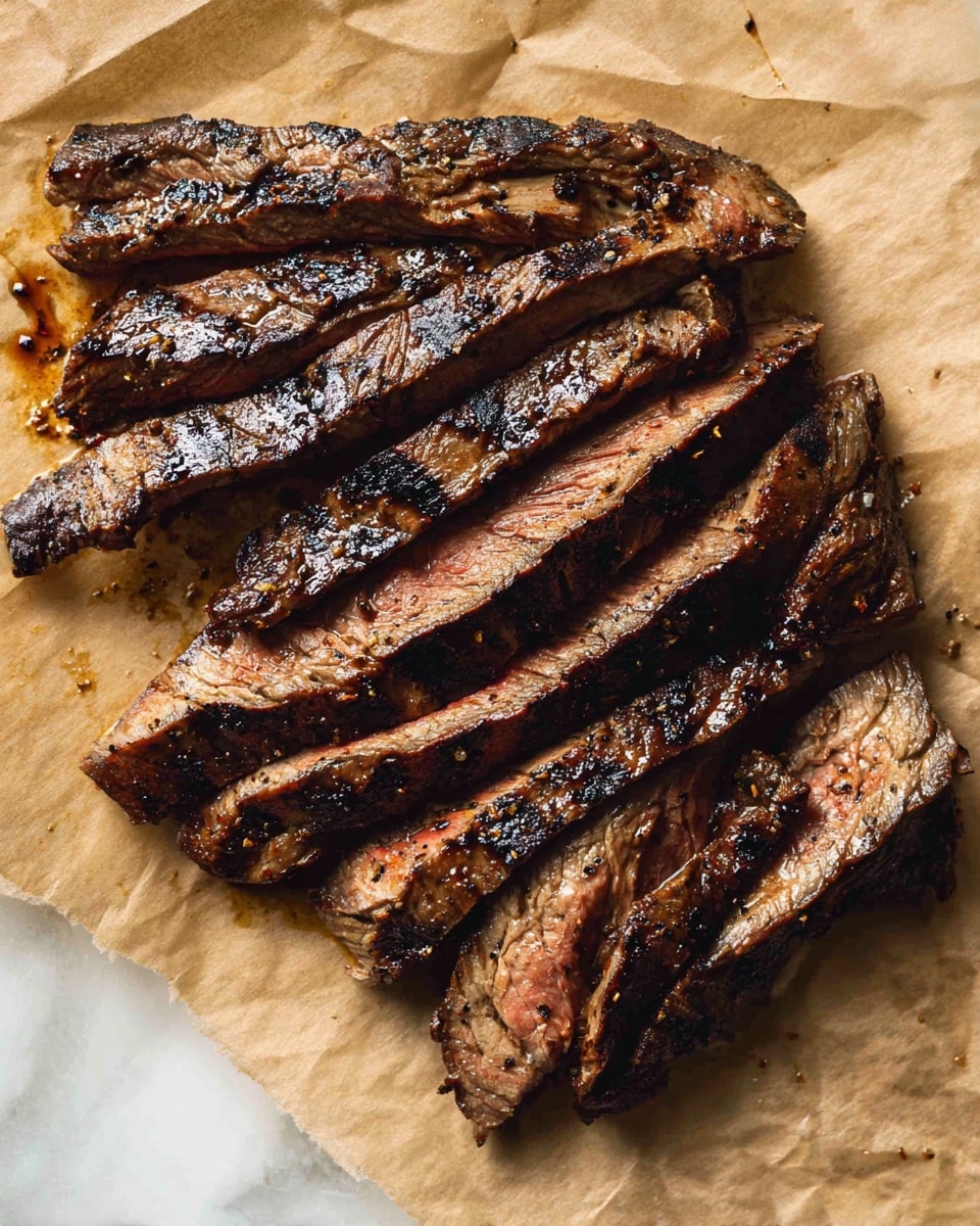 The image shows a stack of grilled steak slices laid out in a slightly overlapping way on a piece of brown parchment paper. Each steak slice has a dark, charred outer edge with visible grill marks and flecks of black pepper, while the inner parts show a mix of dark brown and light brown shades with a tender texture. The meat looks juicy, with some shiny spots where the juice has collected on the paper below. The background is a white marbled texture. photo taken with an iphone --ar 4:5 --v 7