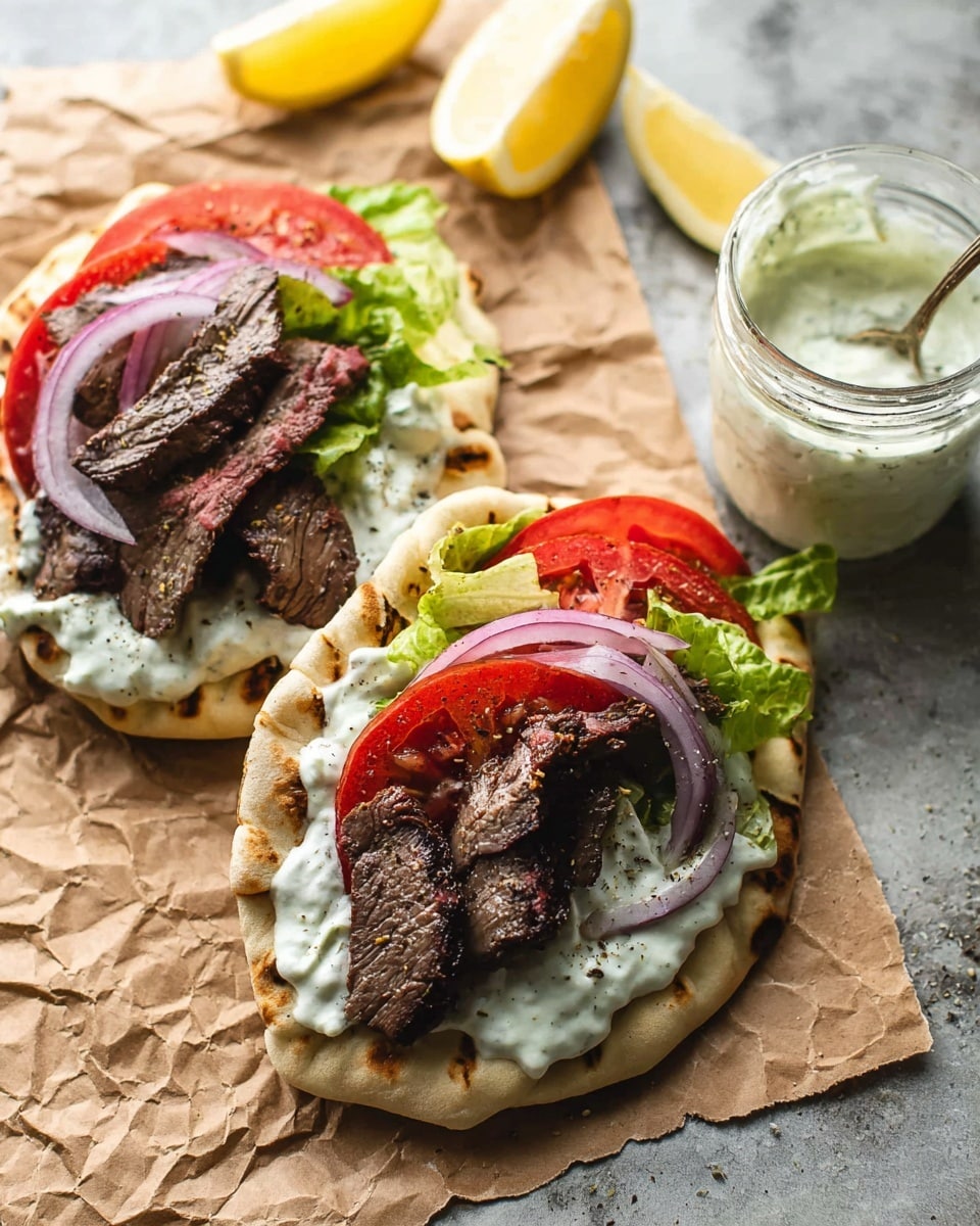 Two open pita flatbreads rest on crumpled brown paper over a white marbled surface. Each flatbread is topped with a base layer of creamy white sauce with specks of black pepper. On top of the sauce in each pita, there are thick slices of grilled dark brown meat. One pita has a layer of bright red tomato slices and pale green lettuce leaves on the sauce under the meat, while the other pita shows tomato slices, thick red onion slices, and crisp green lettuce underneath the meat. In the background, there is a glass jar filled with white sauce and a spoon inside it, with lemon wedges scattered nearby. photo taken with an iphone --ar 4:5 --v 7