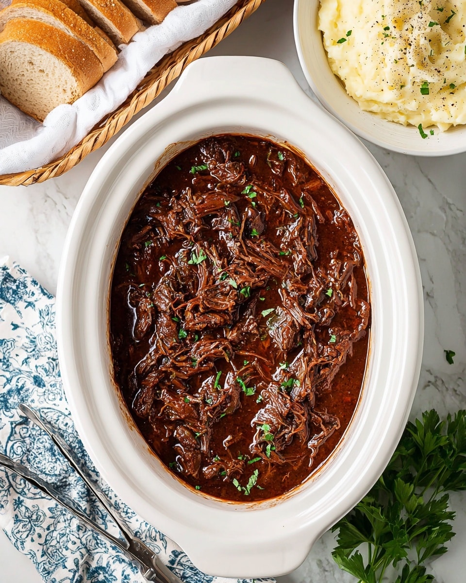 A white oval slow cooker filled with a rich, dark brown pulled meat stew topped with small green herb pieces scattered evenly on top. To the top left, there is a white basket lined with a white cloth holding several slices of brown bread. To the top right, there is a white bowl containing creamy mashed potatoes lightly sprinkled with black pepper. Below, green fresh parsley leaves rest on the white marbled surface, next to silver tongs with white handles sitting on a blue and white patterned cloth. Photo taken with an iphone --ar 4:5 --v 7
