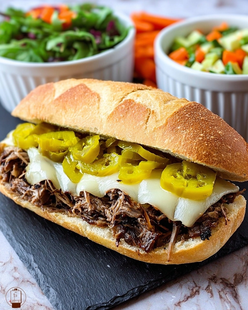 The image shows a sandwich on a white crusty bun with a slightly cracked top layer. The sandwich has two main layers inside: the bottom layer is filled with shredded, dark brown meat, and the top layer consists of melted white cheese. On top of the cheese, there are bright yellow-green slices of pickled peppers spread evenly. The sandwich is placed on a dark slate surface. In the background, there are two white bowls, one filled with a chopped vegetable mix in light green and orange colors, and the other with a fresh salad including green leaves and some orange carrot pieces. The background surface is white marbled texture photo taken with an iphone --ar 4:5 --v 7