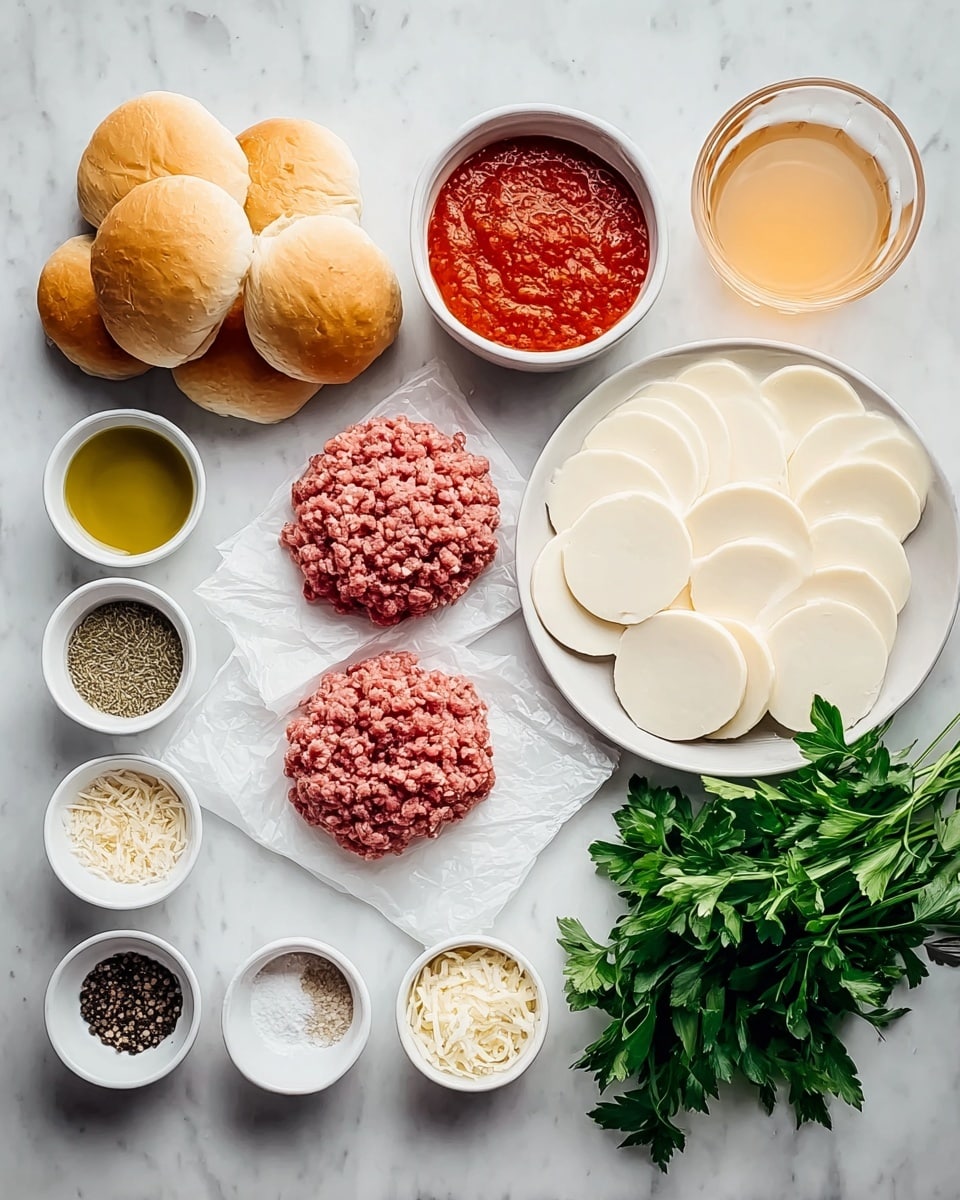 The image shows ingredients neatly arranged on a white marbled surface. On the left side, there are five small sandwich rolls stacked together. Moving to the center, two portions of raw ground meat, one light brown and one red, are placed on pieces of white parchment paper. Surrounding the meat, there are small white bowls with different ingredients: red marinara sauce, green olive oil, light beige powder, white grated cheese, and other spices in shades of light yellow and brown. At the bottom, two small bowls contain black pepper and white salt. On the right side, a white plate holds many round slices of pale creamy cheese with a bunch of fresh green parsley plus a glass of light orange liquid. photo taken with an iphone --ar 4:5 --v 7