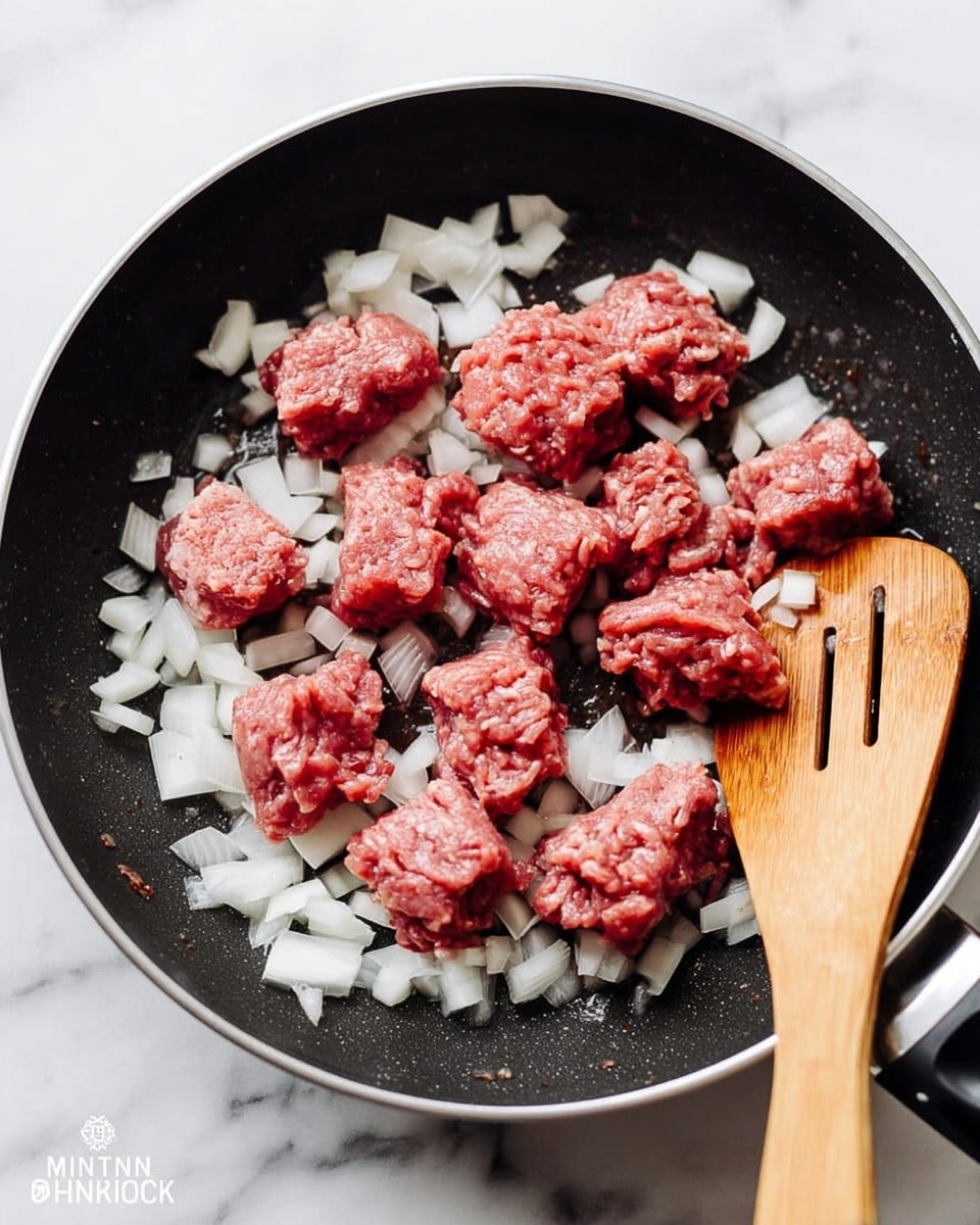 A black frying pan holds several pieces of raw, pinkish-red ground meat shaped into small chunky pieces, scattered evenly. Around and under the meat, a layer of chopped white onions adds contrast with their small square shapes. To the right side of the pan, a wooden spatula with a smooth texture rests. The background is a white marbled surface. photo taken with an iphone --ar 4:5 --v 7