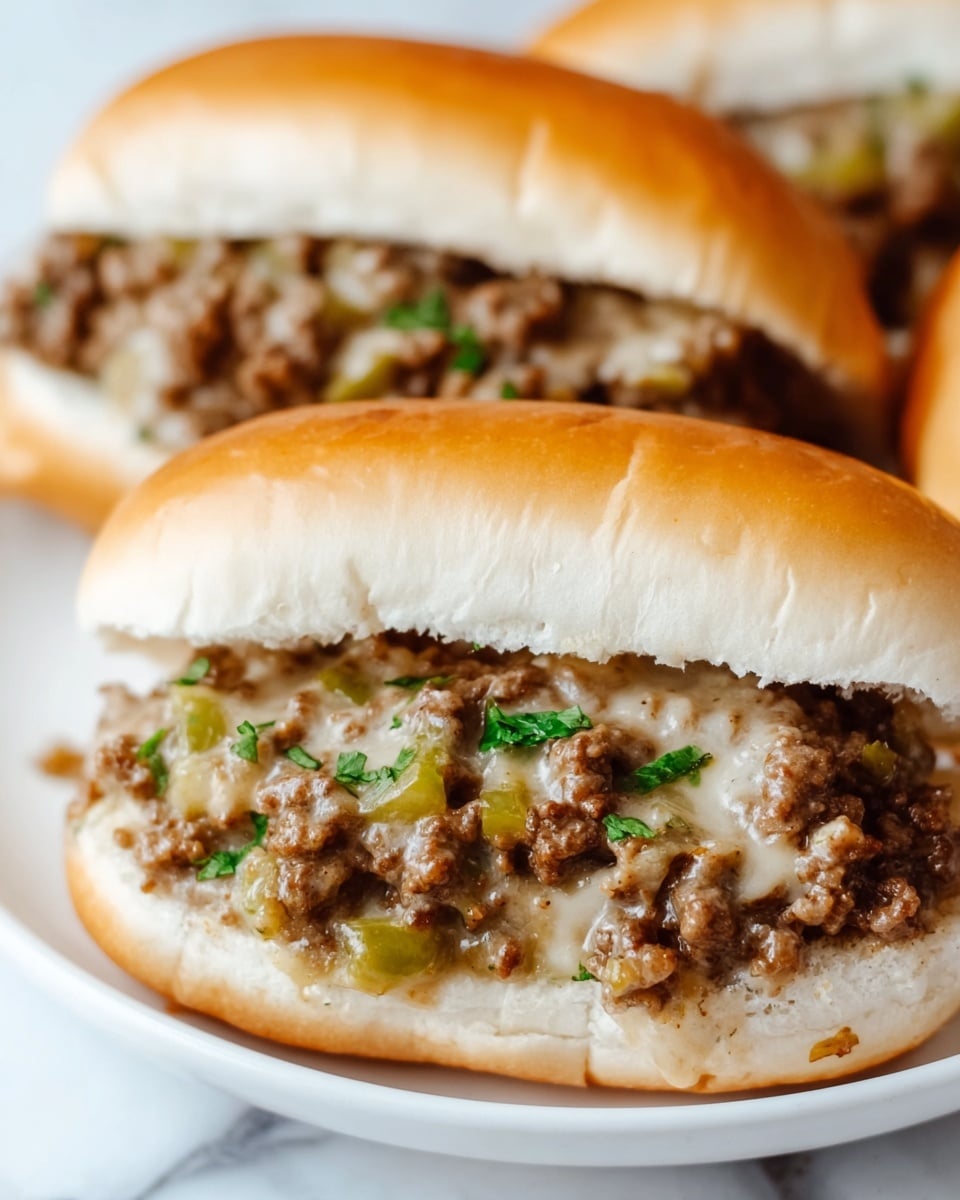 Two soft white buns filled with a thick layer of cooked ground beef mixed with finely chopped green bell peppers and onions. The beef mixture is creamy and slightly brown, covering the bottom half of each bun fully, with bits of green herbs sprinkled on top for color. The buns rest on a white plate placed on a white marbled surface, and the photo is clear and close-up, showing the texture of the meat and softness of the bread. Photo taken with an iphone --ar 4:5 --v 7