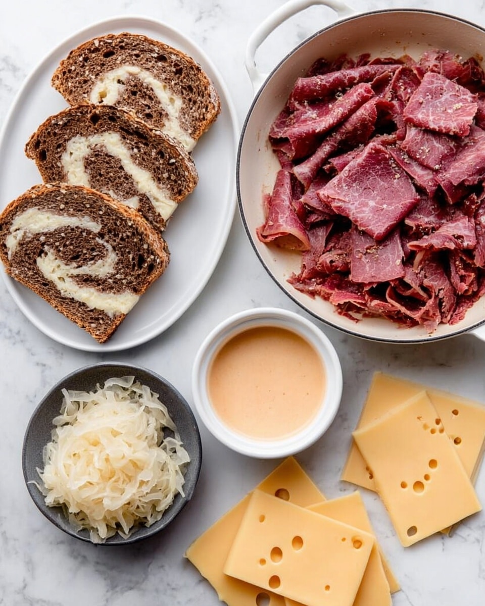 The image shows a white skillet filled with many thin, folded slices of dark pink roast beef, placed on a white marbled surface. To the left of the skillet, there is a white oval plate holding five pieces of marbled rye bread with swirls of light and dark brown, each slice thick and soft looking. Below that plate, there is a small dark gray bowl filled with shredded pale yellow sauerkraut. Next to the bowl is a white round dish containing a creamy, light orange sauce. In front of these dishes, there are three square slices of Swiss cheese with holes, pale yellow in color, lying flat on the surface. photo taken with an iphone --ar 4:5 --v 7