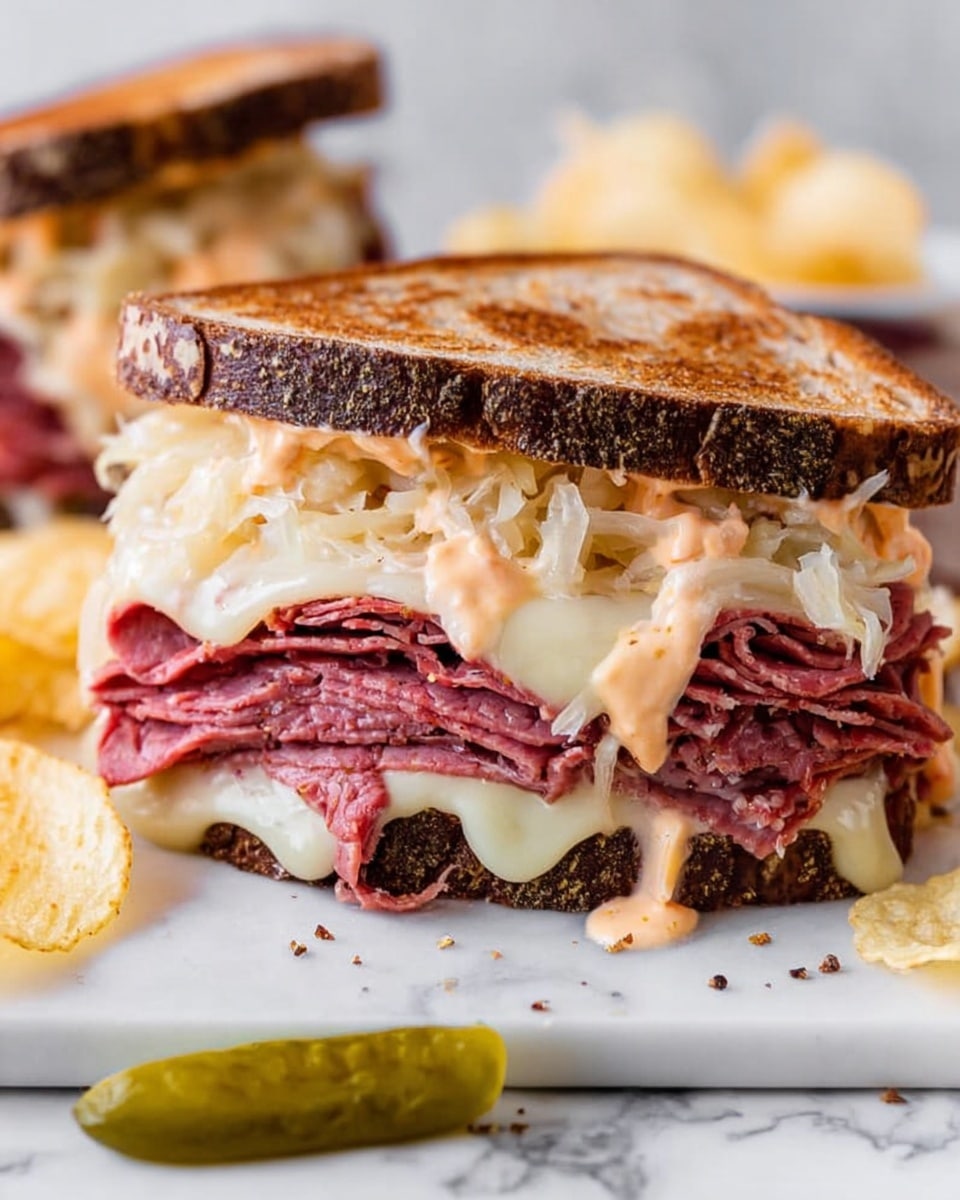 The image shows a sandwich on white marble texture with two pieces of dark and light swirled rye bread. Inside, there are multiple thin layers of folded pinkish-red meat piled high, topped with melted white cheese that slightly drips out. Above the cheese, there is a creamy light orange sauce with small dark specks covering sauerkraut, which is off-white and shredded. Around the sandwich, there are some potato chips and a green pickle in the background. Photo taken with an iphone --ar 4:5 --v 7
