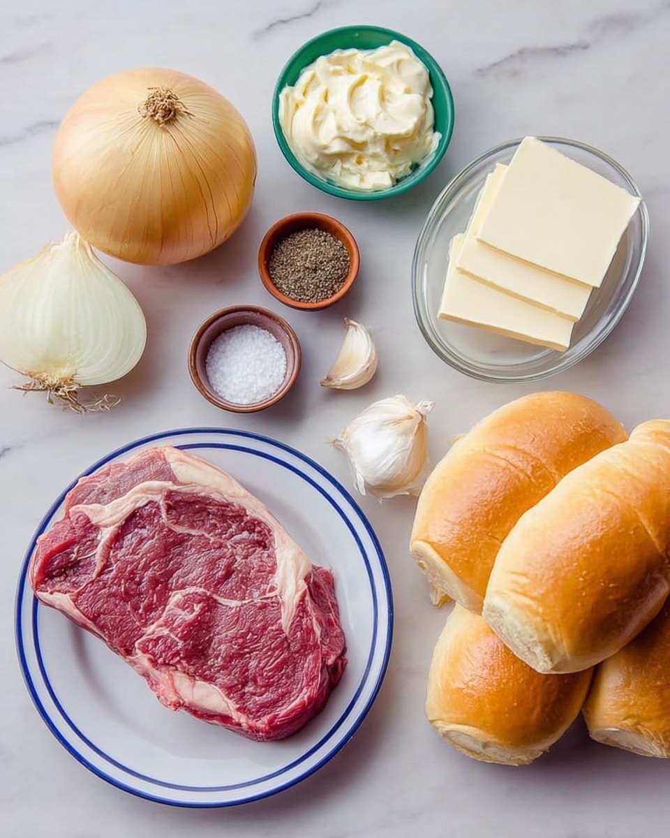 The image shows several cooking ingredients neatly arranged on a white marbled surface. On the left, there is a white plate with blue rim holding a thick raw beef steak with visible marbling. Next to it is a whole yellow onion, a small green bowl with black pepper, a small brown bowl with salt, a small red bowl with mayonnaise, a glass bowl with a small block of butter, and a single clove of garlic. To the right, there is a stack of sliced white cheese, and on the far right are five golden brown bread rolls piled on each other. photo taken with an iphone --ar 4:5 --v 7