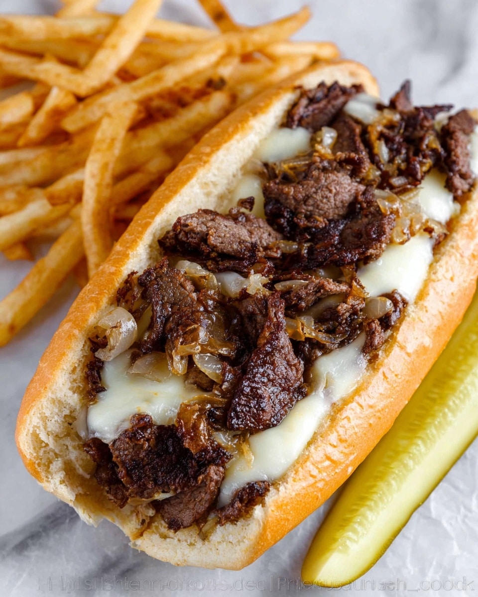 The image shows a sandwich with three layers: the bottom layer is a soft, lightly toasted white hoagie roll; the middle layer is melted white cheese that looks smooth and slightly stretchy; the top layer is cooked dark brown slices of steak piled thickly, with some small pieces of cooked onion mixed in. Next to the sandwich, there are medium-thick golden French fries and a long pickle spear, all placed on a white marbled surface paper. Photo taken with an iphone --ar 4:5 --v 7