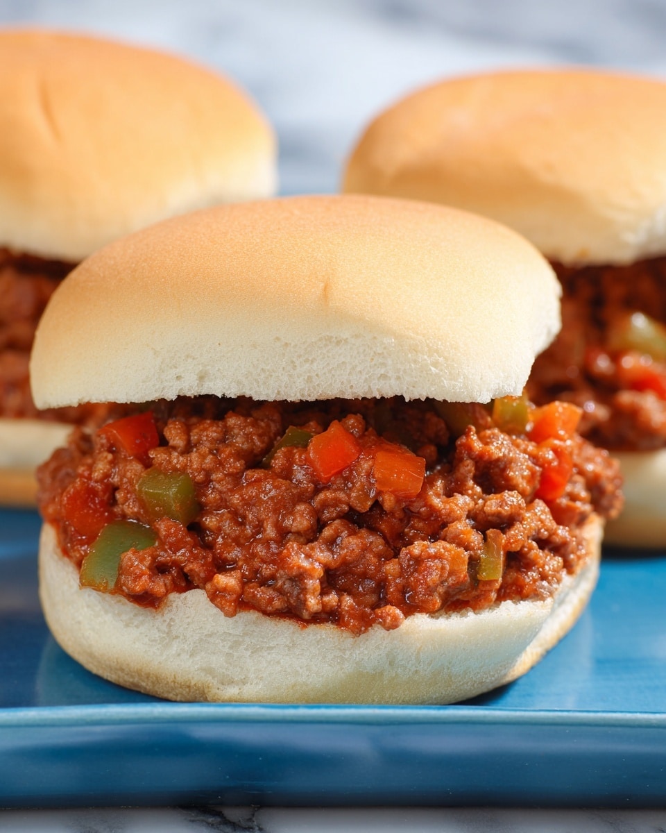 The image shows three sloppy joe sandwiches placed close together on a blue surface. Each sandwich has a soft, light beige bun with a smooth top. Inside, there is a thick layer of cooked ground meat mixed with finely chopped green and red bell peppers and a rich red tomato-based sauce. The meat mixture looks moist and chunky, filling the bun generously. The white marbled surface is faintly visible in the background. photo taken with an iphone --ar 4:5 --v 7