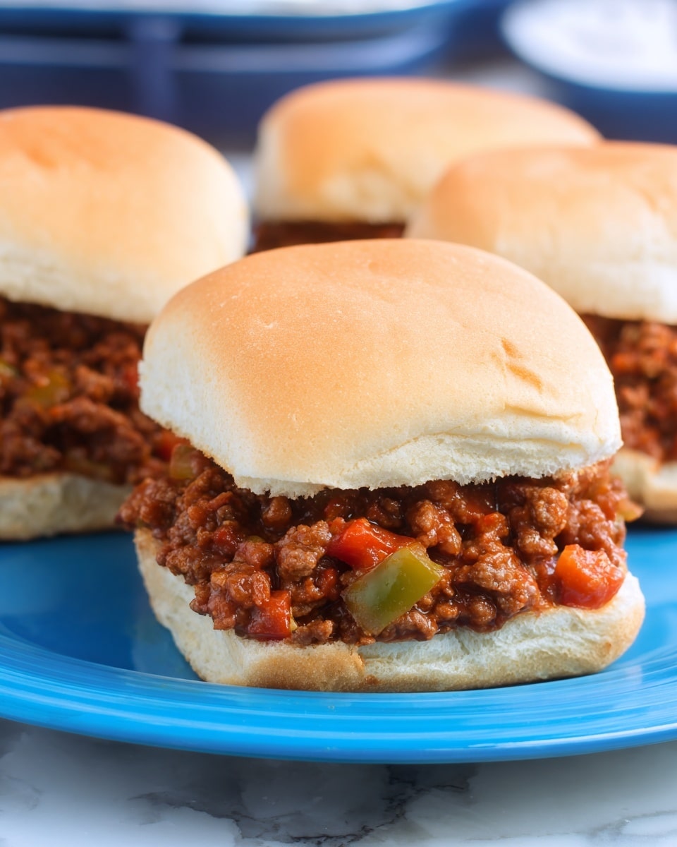 The image shows three sloppy joe sandwiches placed on a bright blue plate over a white marbled surface. Each sandwich has a soft, light brown bun top and bottom. The filling is a thick mixture of cooked ground meat mixed with tomato sauce and chunks of green and red bell peppers, creating a textured and colorful layer inside the bun. The sandwiches are close together, filling most of the frame, with slight background blur revealing the white marbled surface and some out of focus items. Photo taken with an iphone --ar 4:5 --v 7