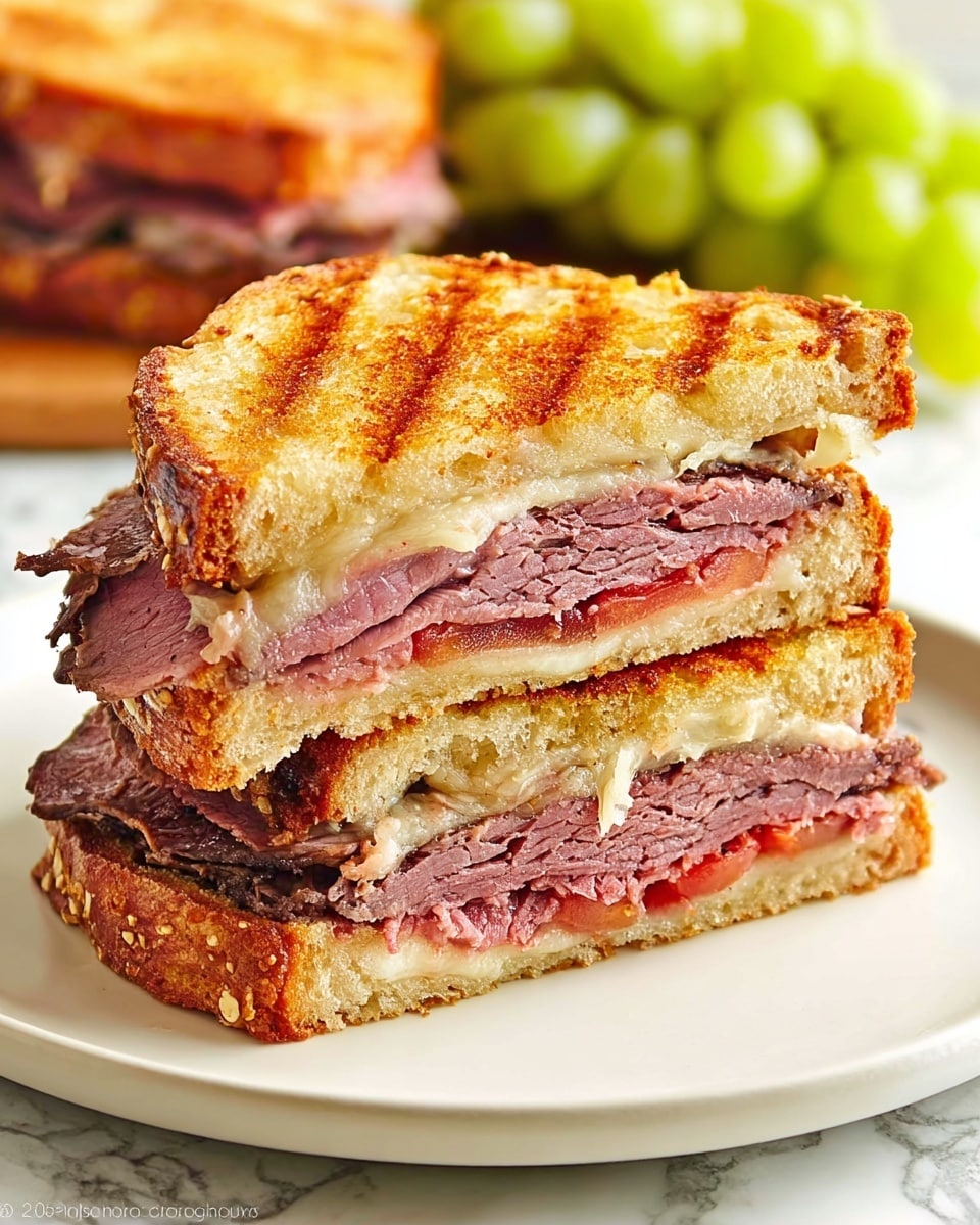 This image shows a sandwich cut in half and stacked on a white plate with a white marbled surface underneath. The sandwich has three main layers: the top and bottom layers are thick slices of toasted bread with a golden-brown color and grill marks, with a crunchy texture visible. The middle layer is filled with a large amount of thinly sliced roast beef that is pink inside and grayish outside with some darker edges, and a thin layer of red sauce or sliced tomatoes near the bottom bread. In the background, there is a bunch of green grapes and another sandwich, slightly out of focus. Photo taken with an iphone --ar 4:5 --v 7