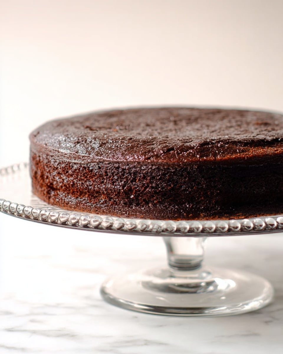 The image shows a single-layer round chocolate cake with a dark brown color and a slightly rough texture on the sides and top. The cake sits on a clear glass cake stand with small round beads decorating the edge. The background and surface have a clean white marbled texture, giving the scene a bright and simple look. photo taken with an iphone --ar 4:5 --v 7