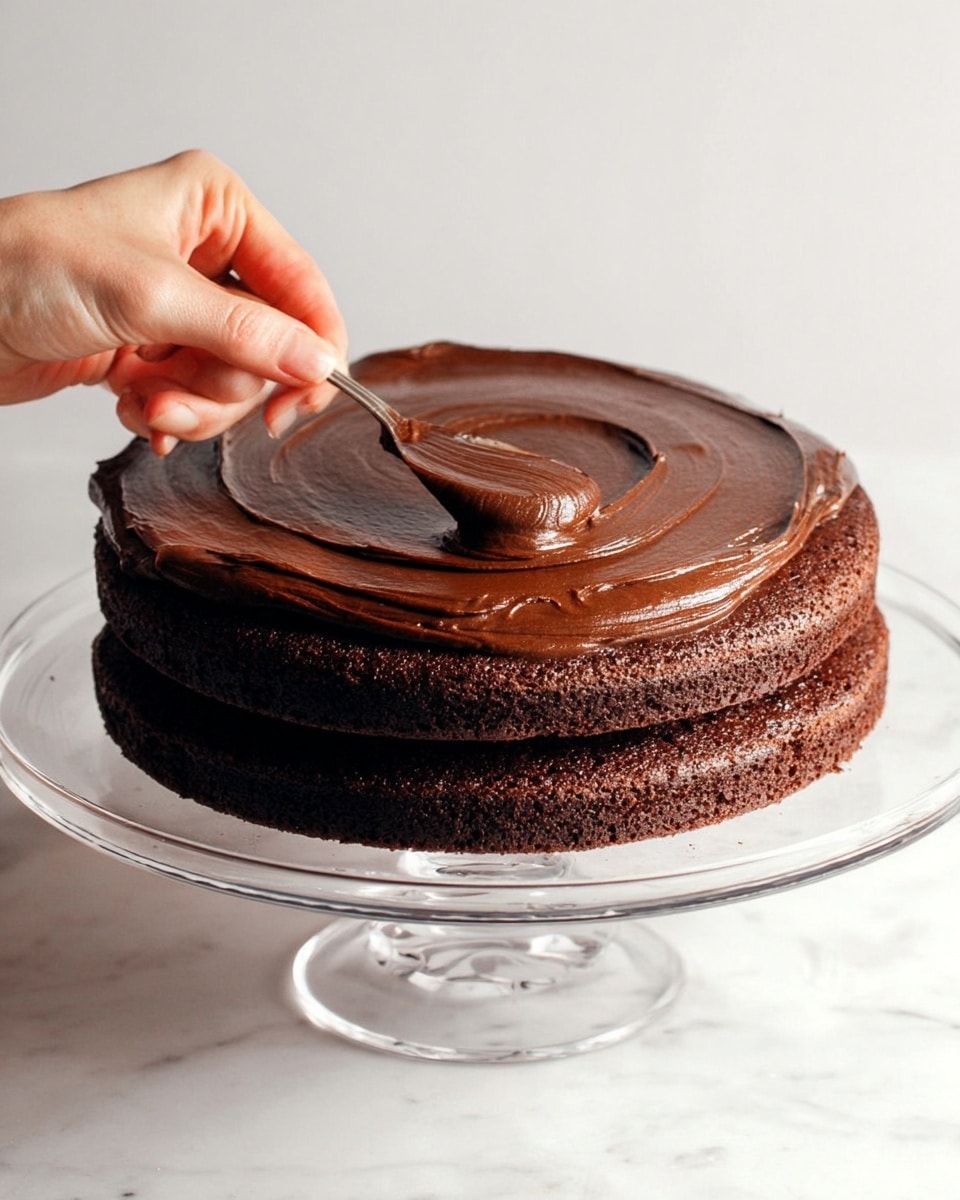 A three-layer chocolate cake with dark brown, smooth chocolate frosting being spread in a circular motion on the top layer by a woman's hand holding a spoon. The cake layers look moist and dense with even texture. The cake sits on a clear glass stand, placed on a white marbled surface, with a plain white background. photo taken with an iphone --ar 4:5 --v 7