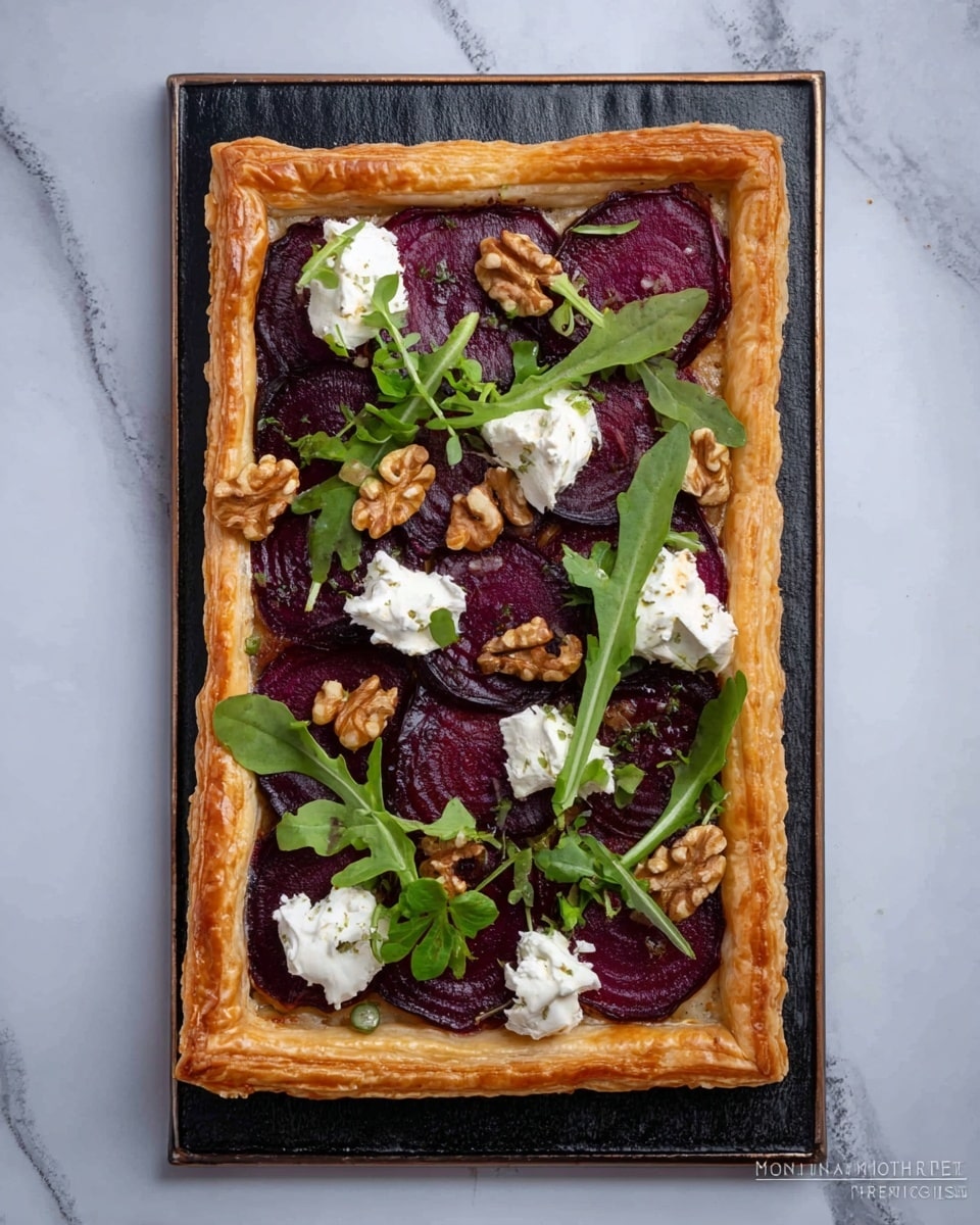 A rectangular tart with a golden-brown, flaky puff pastry crust forms the base and frame, topped with layers of deep purple beet slices closely arranged in the middle. Dollops of white creamy cheese are scattered on top of the beet layer, adding texture and brightness. Bright green arugula leaves and light brown walnut halves are placed intermittently to add a fresh and crunchy look. The tart is shown on a white marbled surface with a black tray underneath. photo taken with an iphone --ar 4:5 --v 7