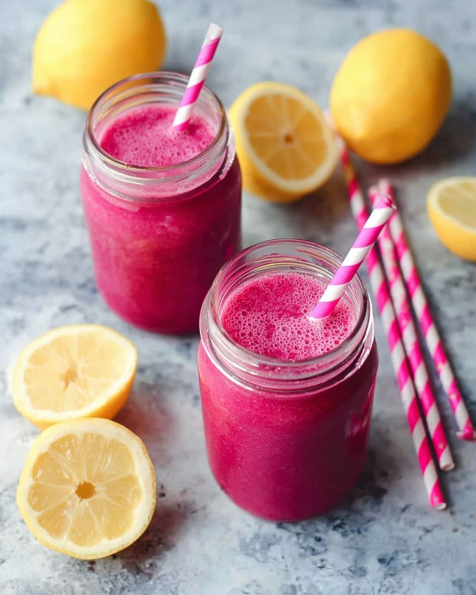 Two glass jars filled with a thick bright pink smoothie, each with a pink and white striped straw inside. The jars sit on a white marbled surface, surrounded by lemon wedges and whole lemons, adding a pop of yellow around the jars. A group of extra pink and white striped straws lie on the surface near the jars. The smoothie has a slightly bubbly texture on top. photo taken with an iphone --ar 4:5 --v 7