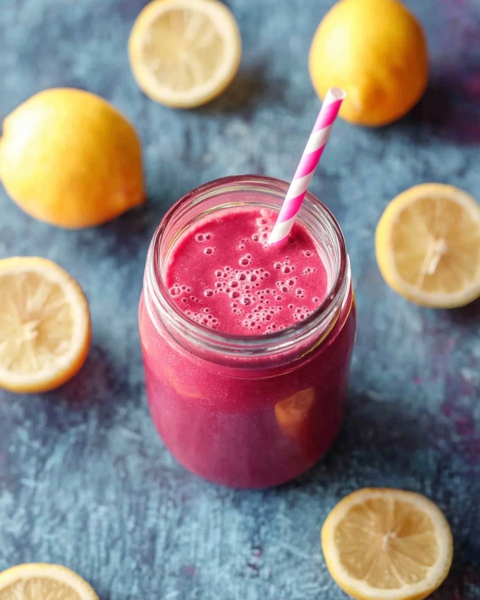 A clear glass jar filled with a thick, bright pink smoothie topped with tiny bubbles, a pink and white striped straw placed inside the jar, set on a blue textured surface with halved and whole yellow lemons scattered around; photo taken with an iphone --ar 4:5 --v 7