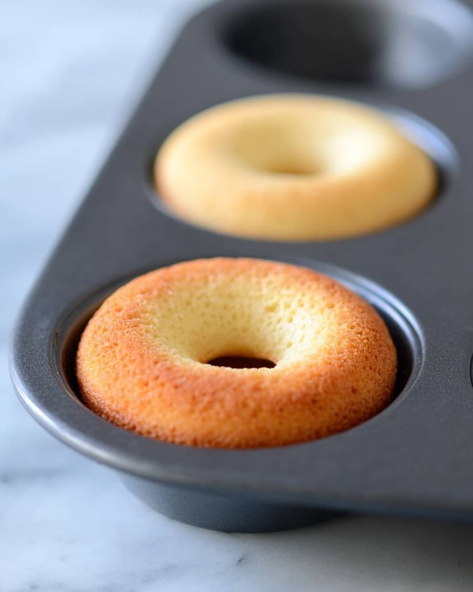 A close-up view of two plain baked donuts sitting in a dark-colored donut baking pan, one donut in the foreground is golden brown with a slightly rough texture and a round hole in the center, the other donut in the background is lighter in color and not as browned, the pan rests on a white marbled surface with a soft focus on the other empty donut spaces in the pan, photo taken with an iphone --ar 4:5 --v 7