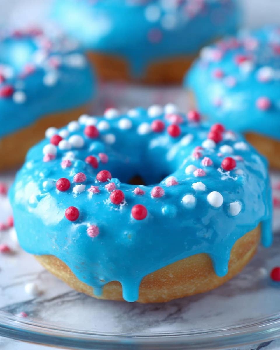 The image shows a close-up of a single donut with bright blue icing that covers the top and drips slightly down the sides. On top of the icing, there are small round sprinkles in red, white, pink, and light blue colors scattered evenly. The donut is on a clear glass plate with a white marbled surface beneath it, and parts of other donuts with the same blue icing can be seen blurred in the background. Photo taken with an iphone --ar 4:5 --v 7