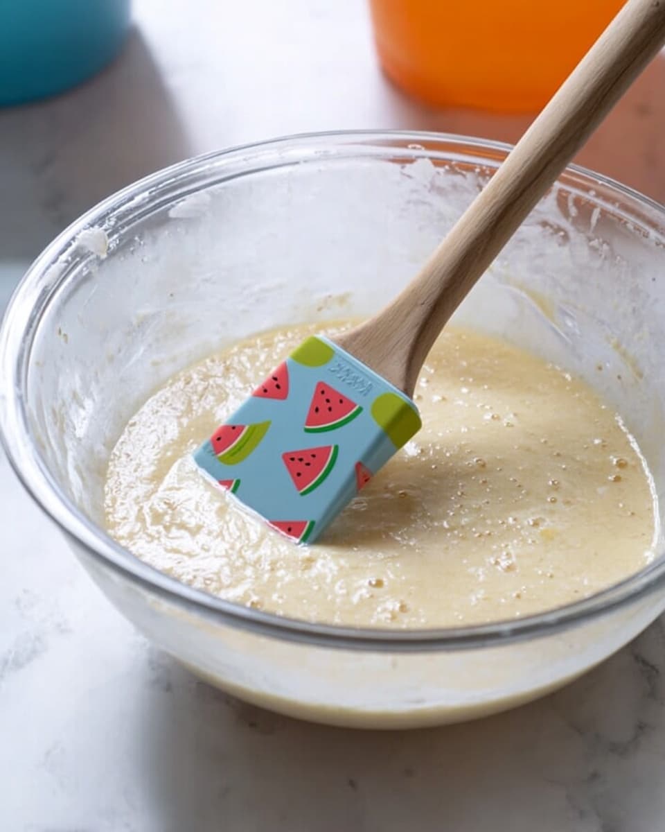 A clear glass bowl sits on a white marbled surface, filled with a creamy, pale yellow batter that has a smooth but slightly bubbly texture on top. Inside the bowl is a wooden spatula with a colorful silicone head featuring small watermelon slices, partially submerged in the batter. In the blurred background, there is a hint of blue and orange containers. The scene shows a simple mixing stage of baking or cooking, with natural lighting highlighting the textures of the batter and spatula. photo taken with an iphone --ar 4:5 --v 7